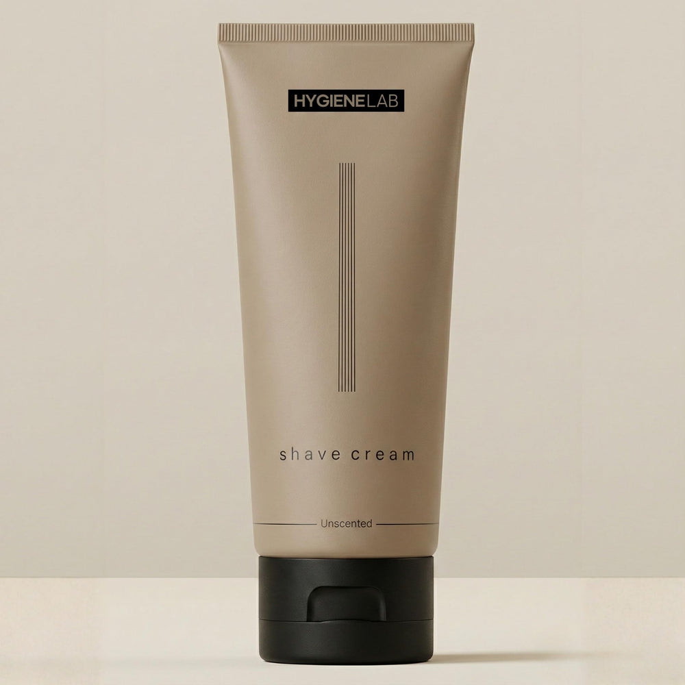 HygieneLab shaving cream packaging showing fragrance-free formula