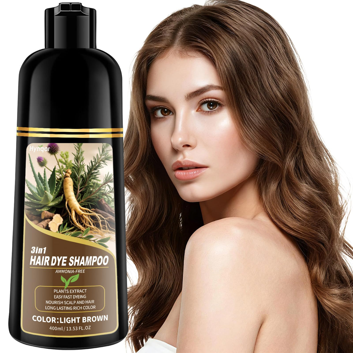 Hynqor hair dye shampoo light brown bottle demonstrates at-home gray coverage