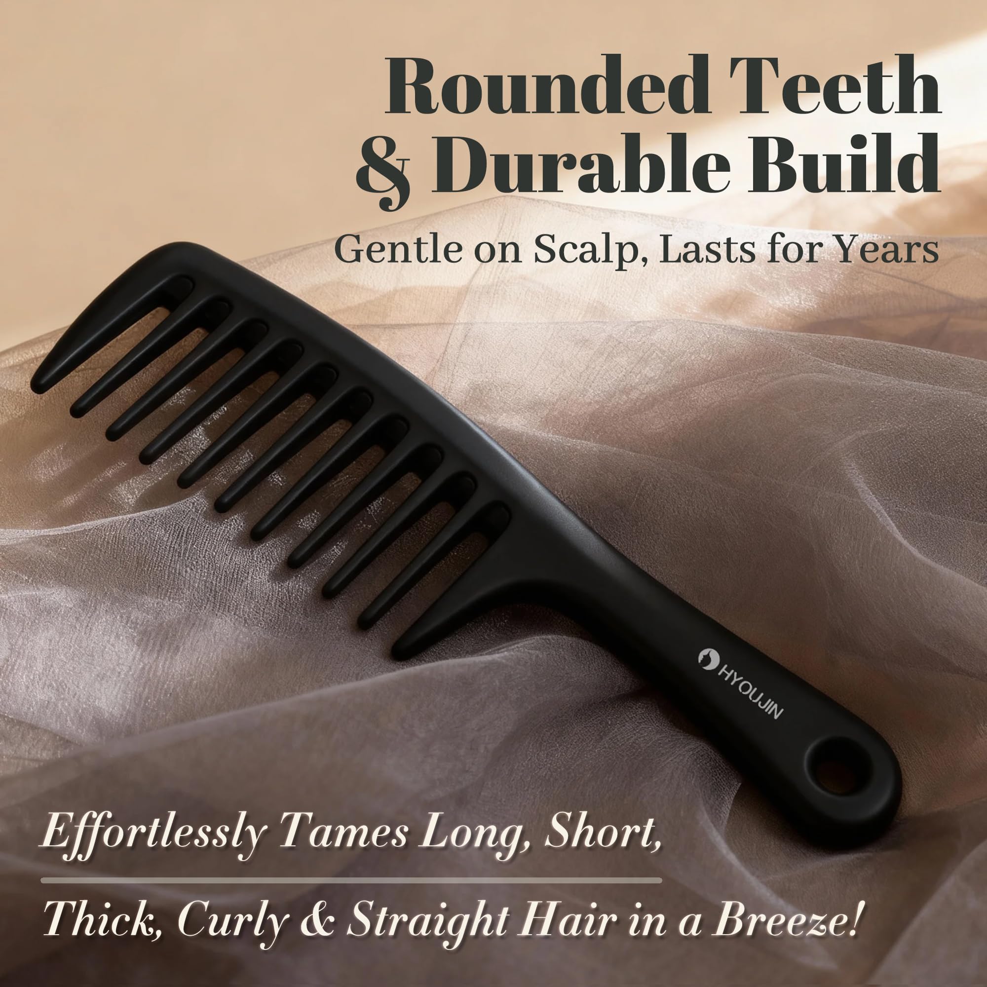 HYOUJIN detangler paddle in hand, showcasing smooth brushing for frizz-prone hair.