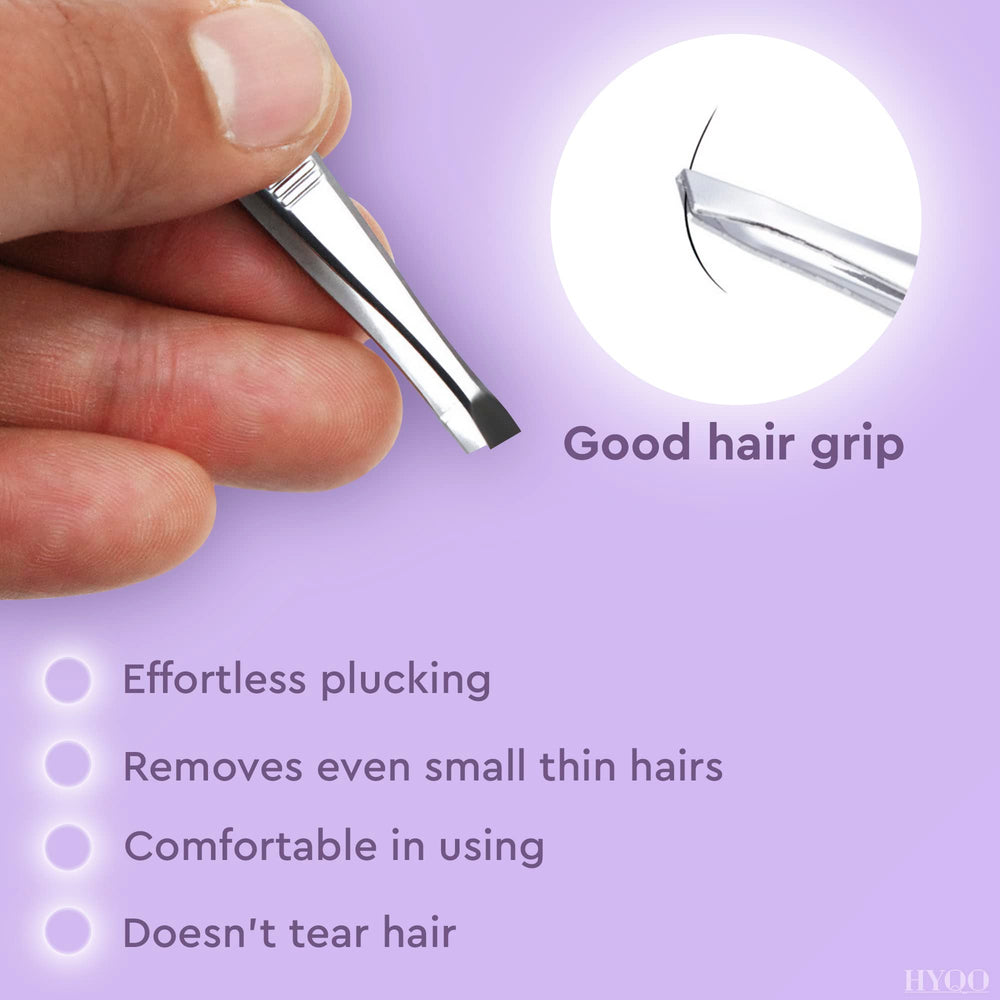 HYQO precision slanted tips remove fine brow hairs with control.
