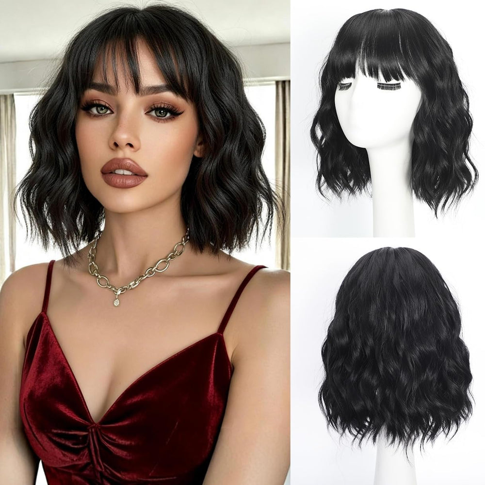 iAelev black wig with bangs bob 12 inch for daily wear, easy styling and comfortable fit.