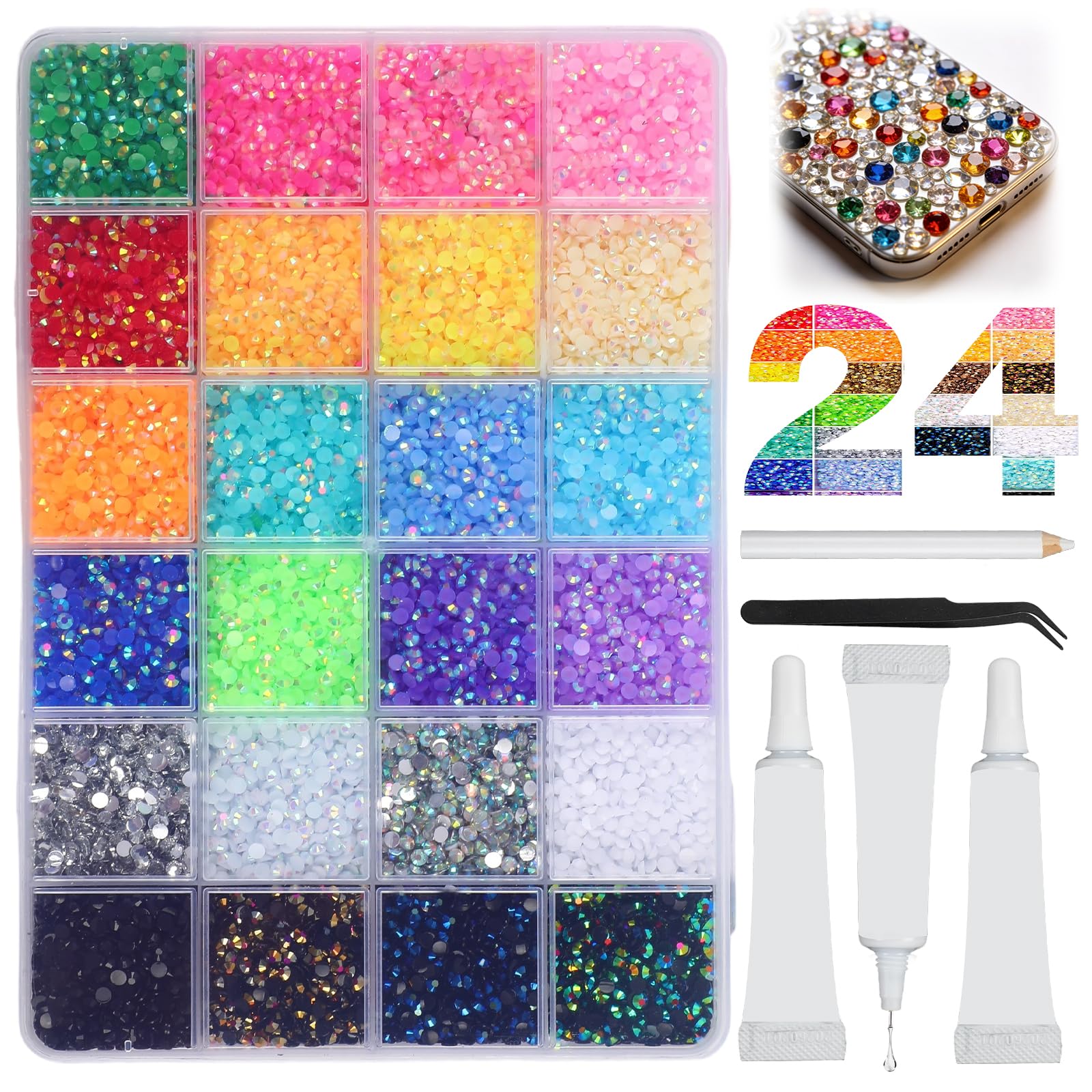 Iaolose piedras de resina en caja organizada con 24 colores brillantes para manualidades.