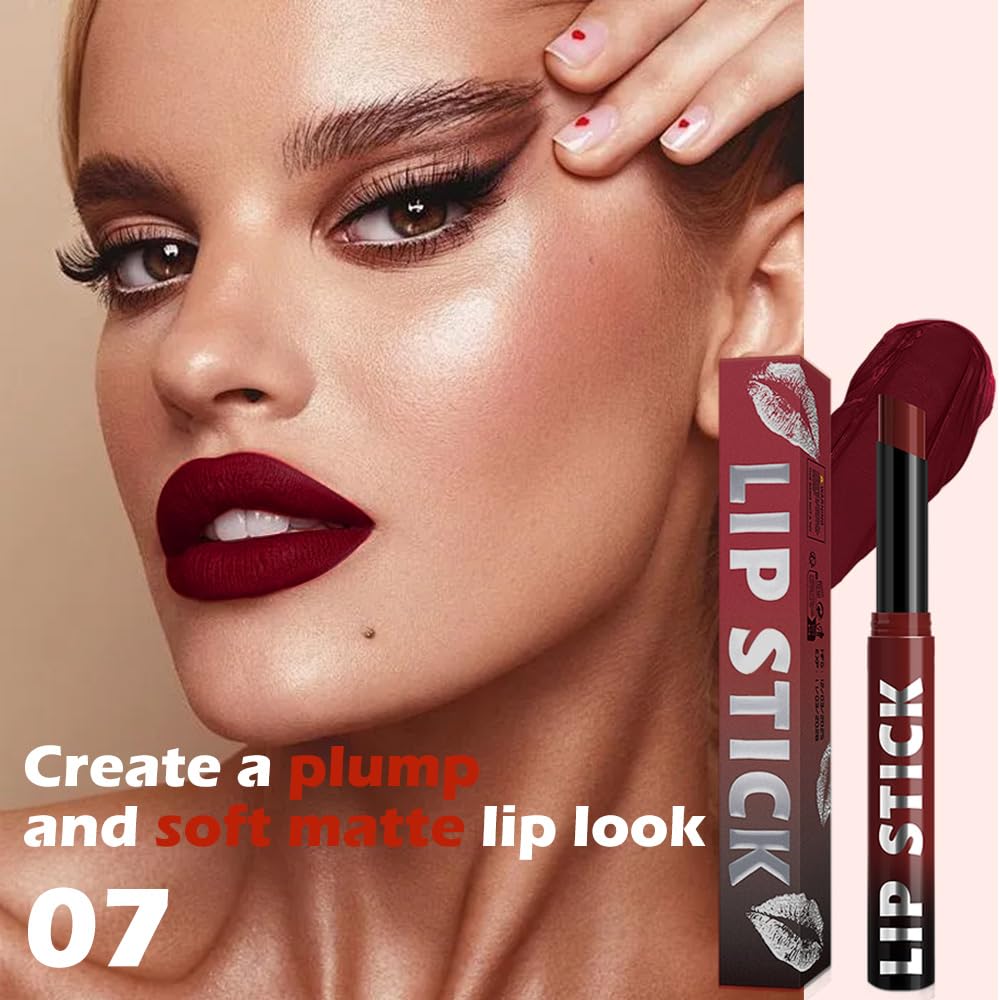 IATMOMOD maroon red matte lipstick box label highlights sleek design and long-wear potential.