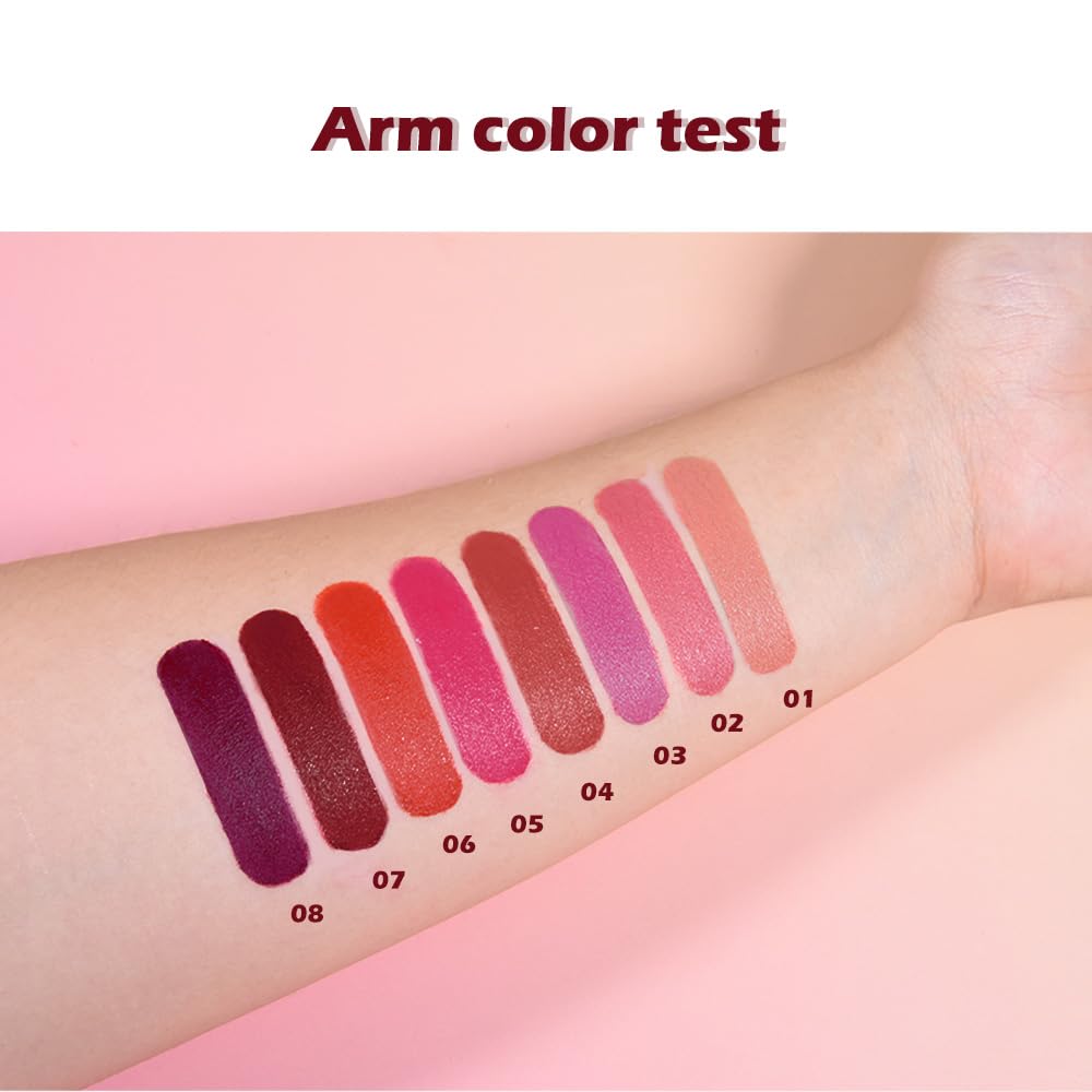 IATMOMOD maroon red lip on lips demonstrating all-day color and transfer-proof finish.