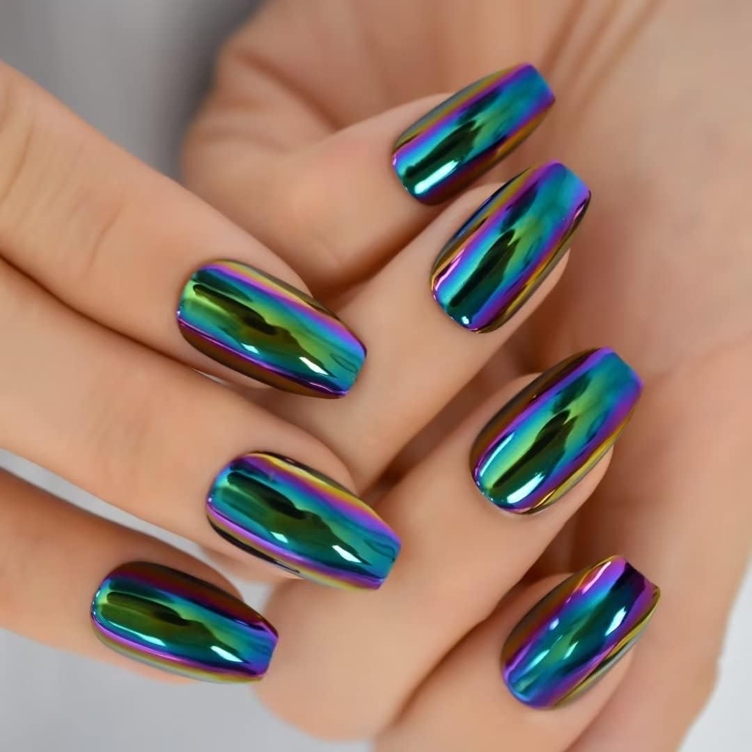 iBeautying únas postizas con efecto espejo cromado verde morado holo para un look llamativo