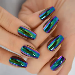 iBeautying únas postizas con efecto espejo cromado verde morado holo para un look llamativo
