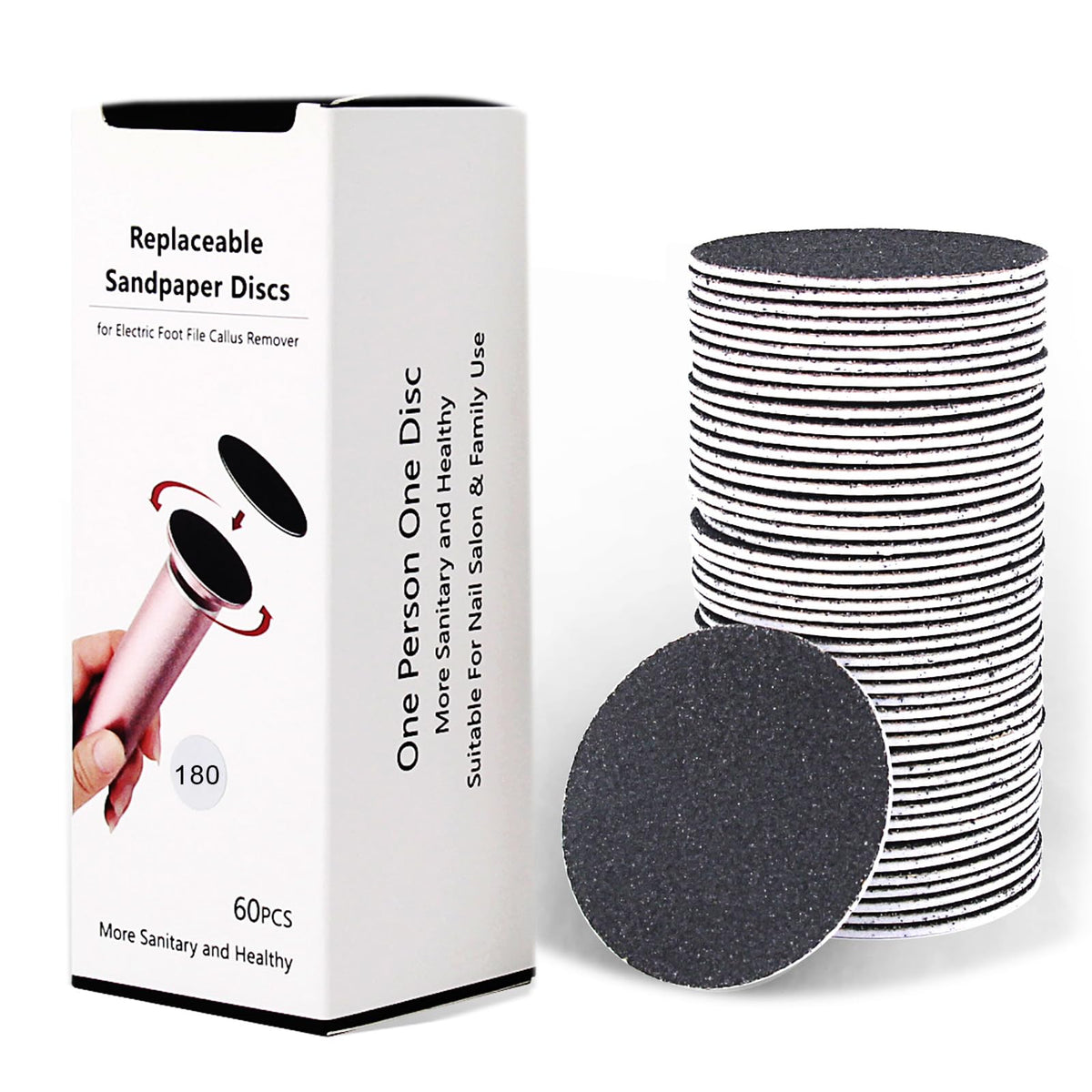 I·B·N G 60pcs discs pack close-up showing 180 grit for foot care