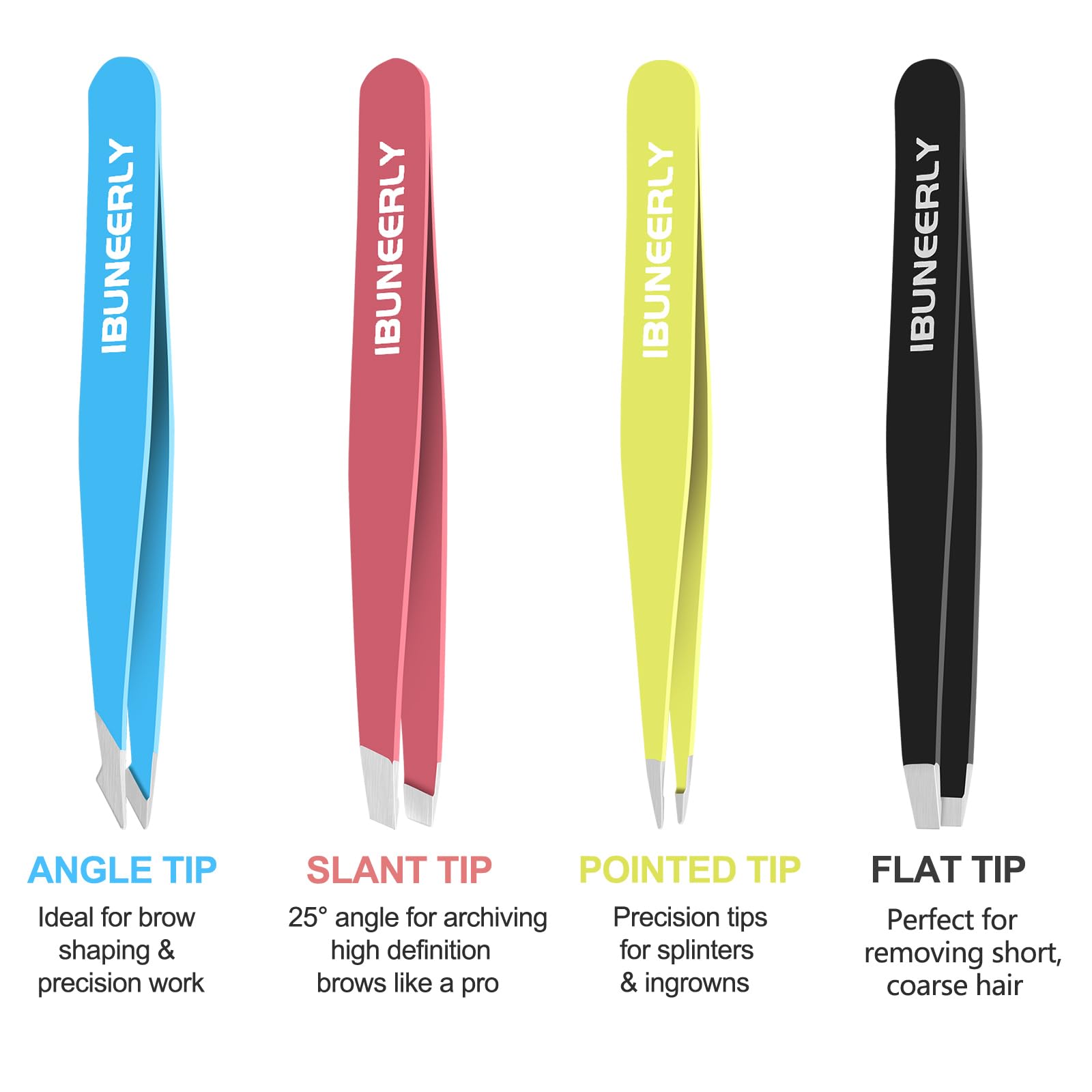 iBuneerly tweezers with flat tip highlight controlled removal of fine hairs and close gripping.
