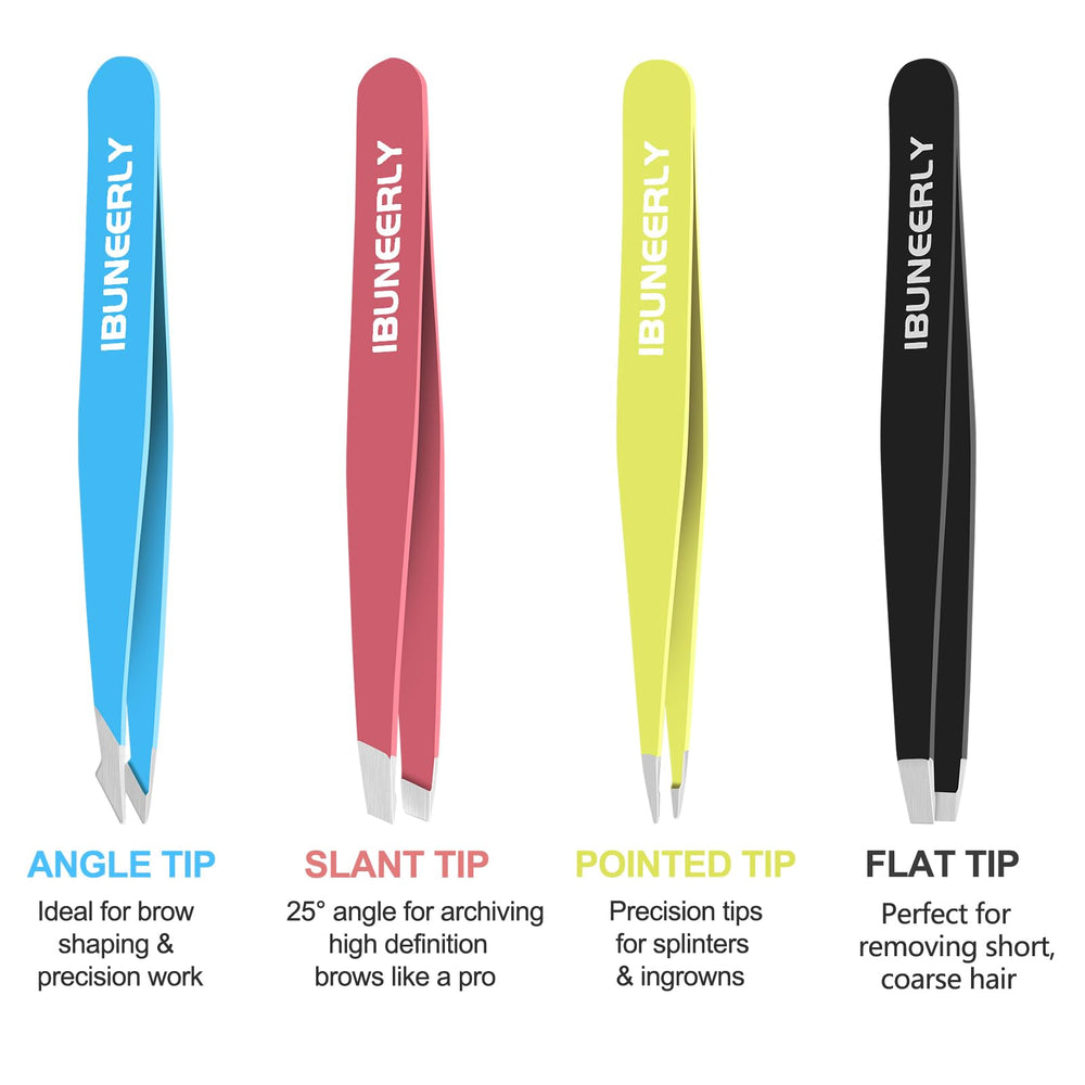 iBuneerly tweezers with flat tip highlight controlled removal of fine hairs and close gripping.