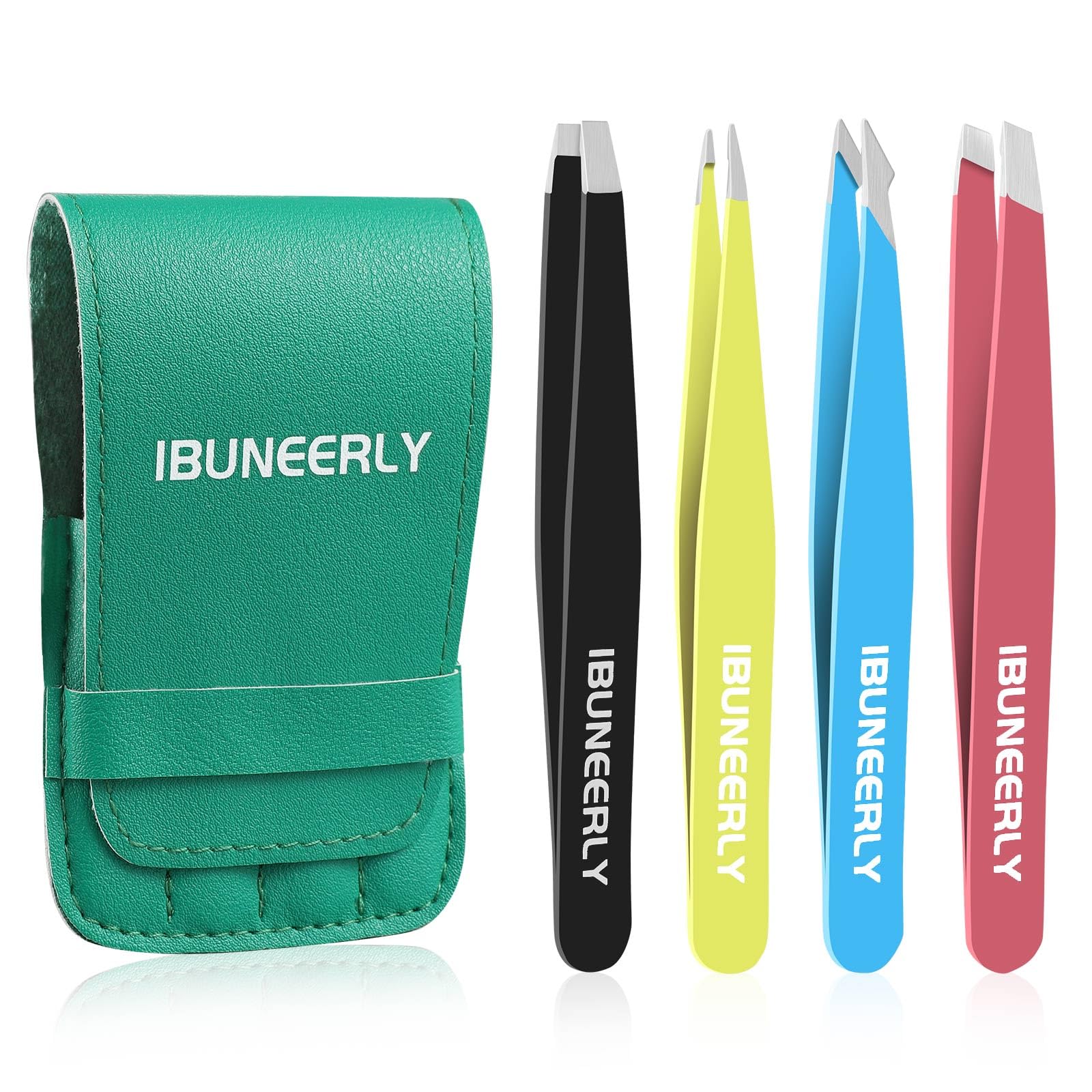 iBuneerly eyebrow tweezers set with slant tip in bright colors for precise brow shaping.