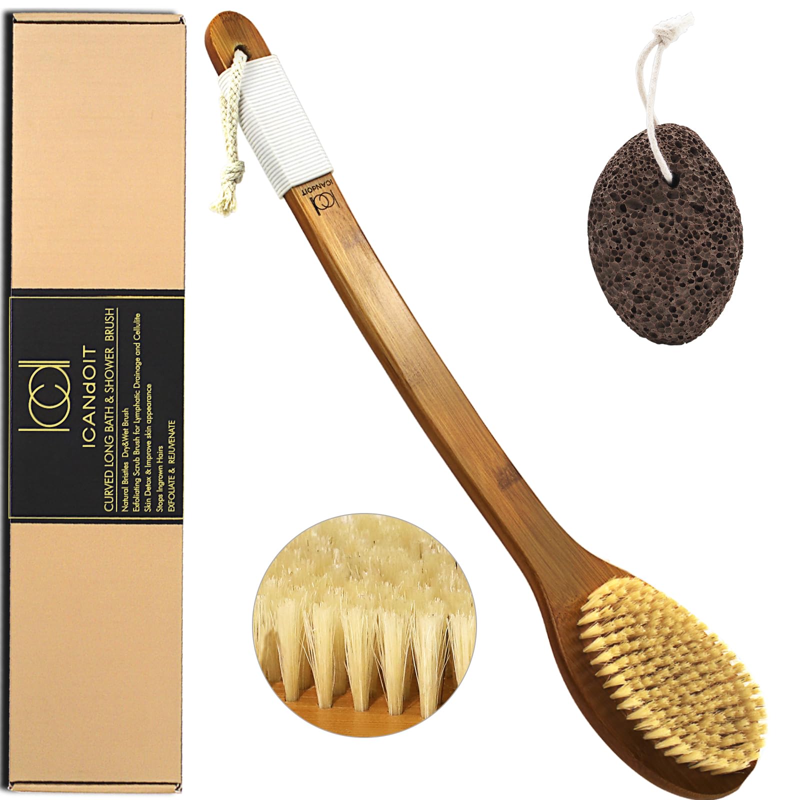 ICANdOIT bath brush with natural boar bristles for gentle exfoliation.