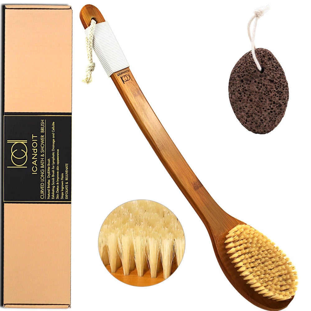 ICANdOIT bath brush with natural boar bristles for gentle exfoliation.
