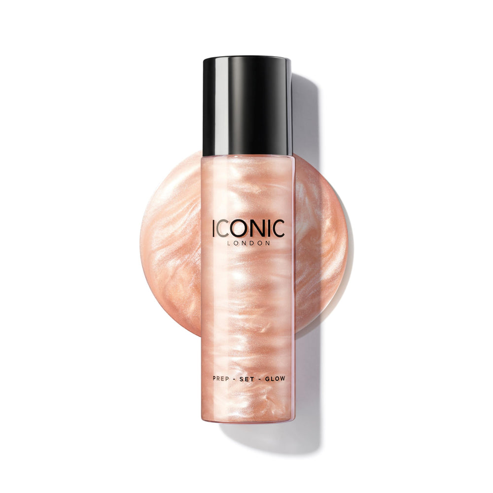 ICONIC LONDON Prep-Set-Glow bottle demonstrates hydrating mist for radiant skin.