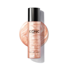 ICONIC LONDON Prep-Set-Glow bottle demonstrates hydrating mist for radiant skin.