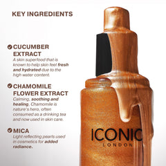 ICONIC LONDON Prep-Set-Glow mist dispersion captured mid-spray for even radiance