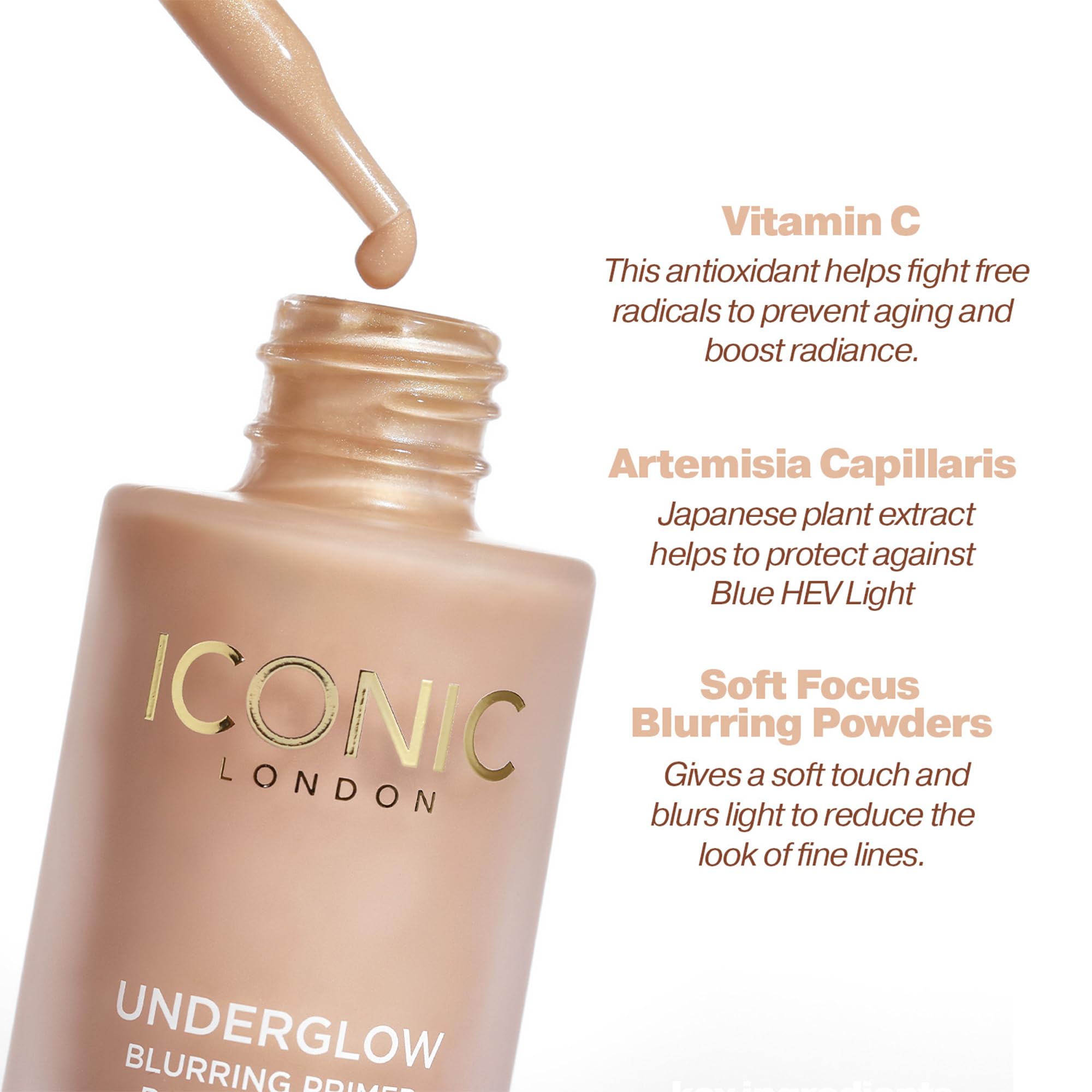 Iconic London Underglow Primer, acabado demi-matte para luminosidad natural.