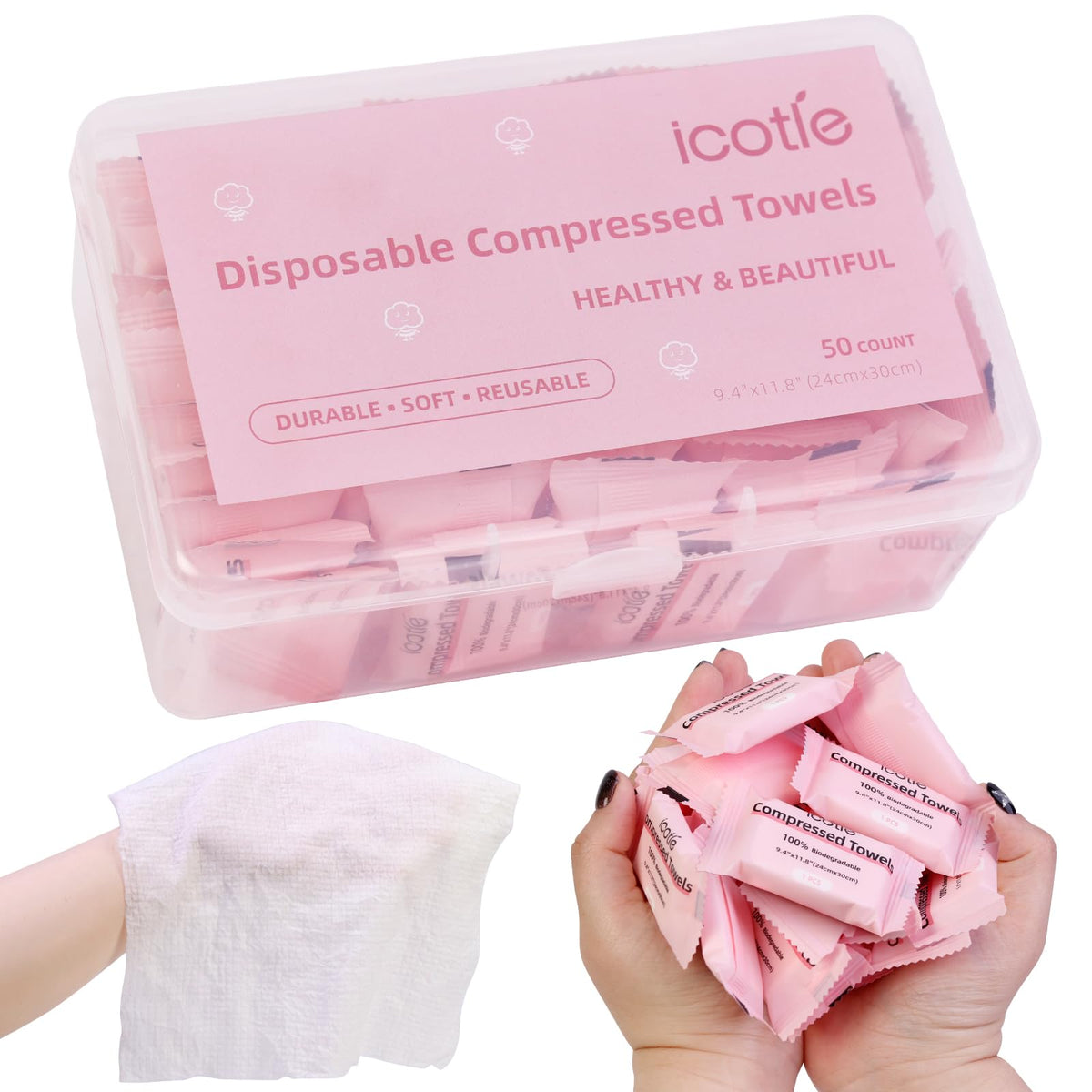 ICOTLE: la caja de toallas comprimidas 50, ideal para viajar y expandirse con agua.