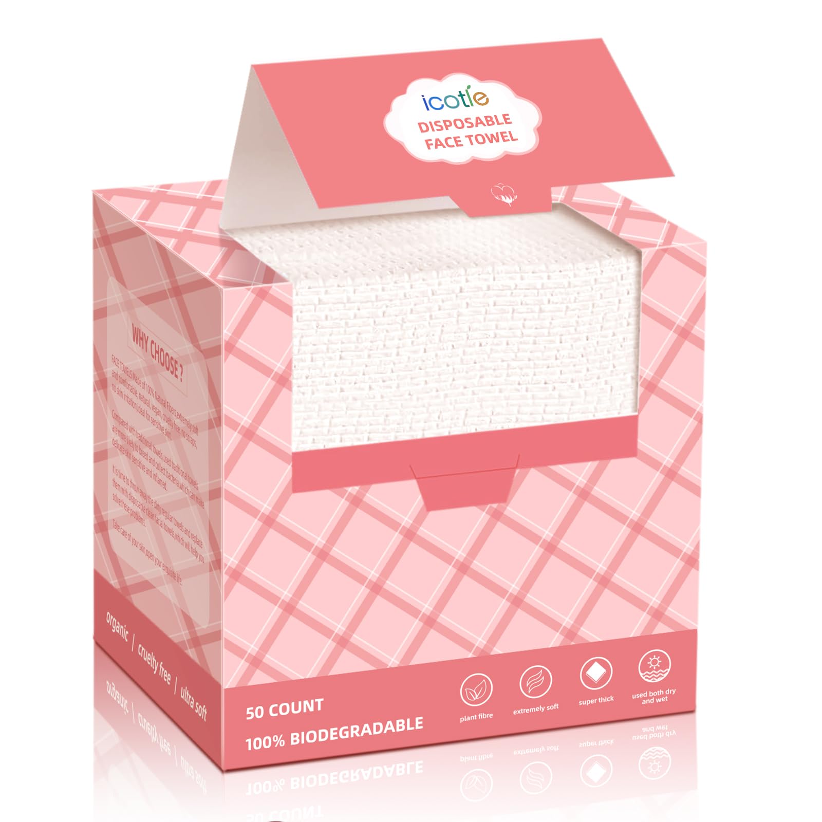 ICOTLE disposable face towels, 50-count, large 10x12 inches for thorough makeup removal