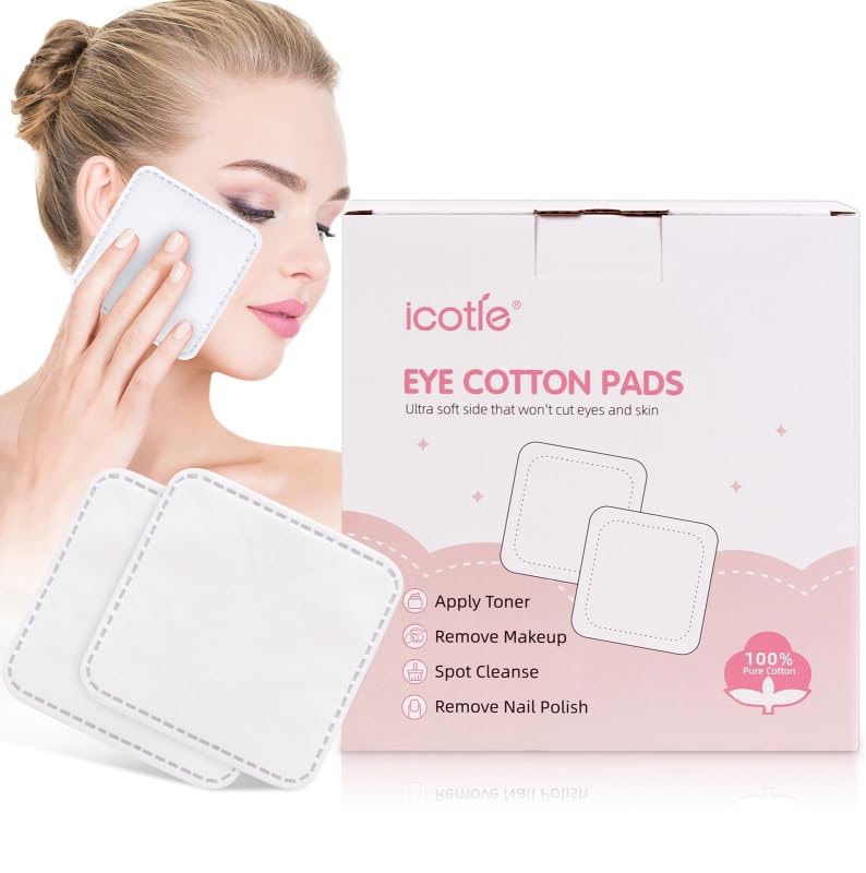ICOTLE eye cotton pads packaging front for gentle makeup removal.