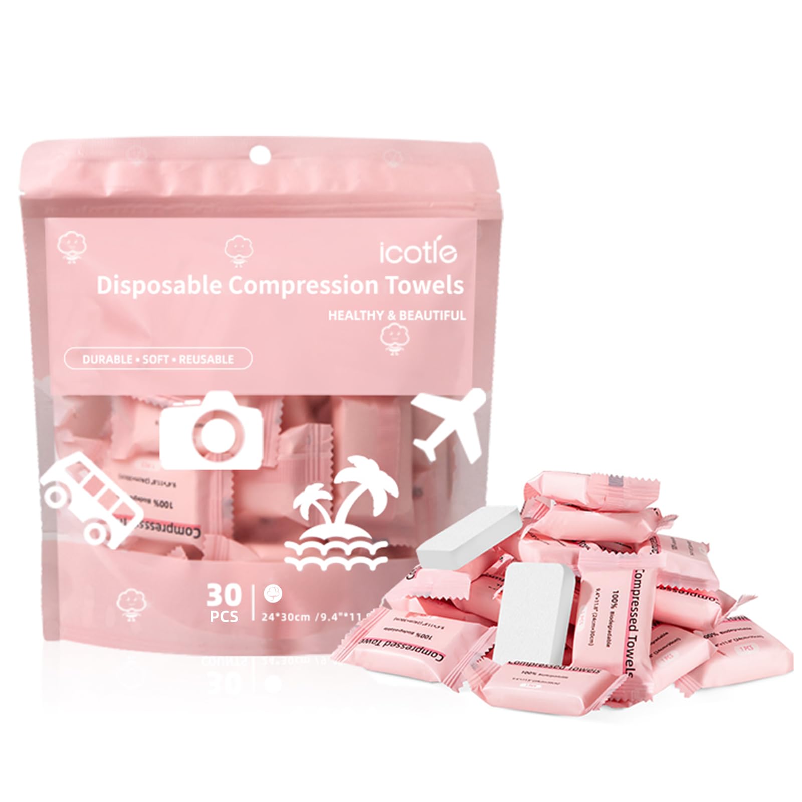 ICOTLE: toalla comprimida en empaque individual, ideal para viaje y actividades al aire libre.