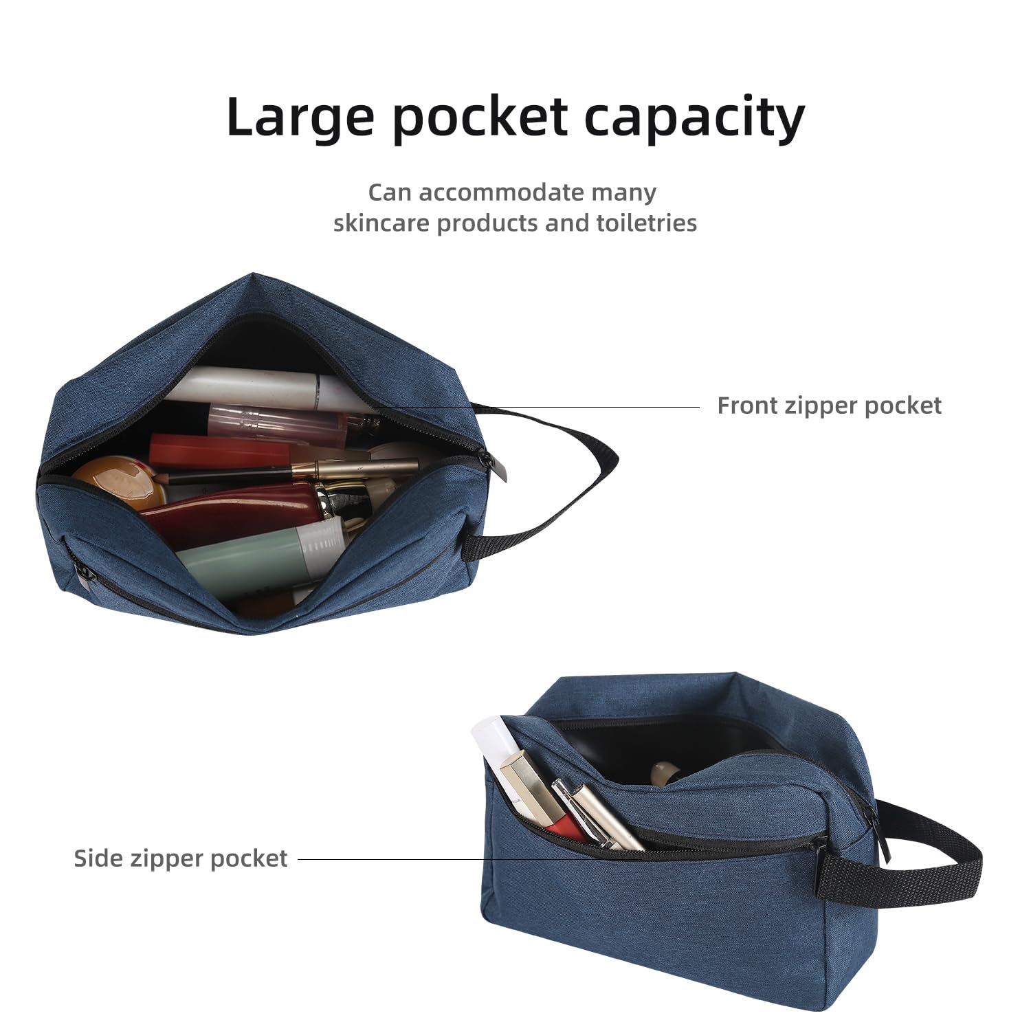 Icramsy travel toiletry bag navy hanging hook for easy access.