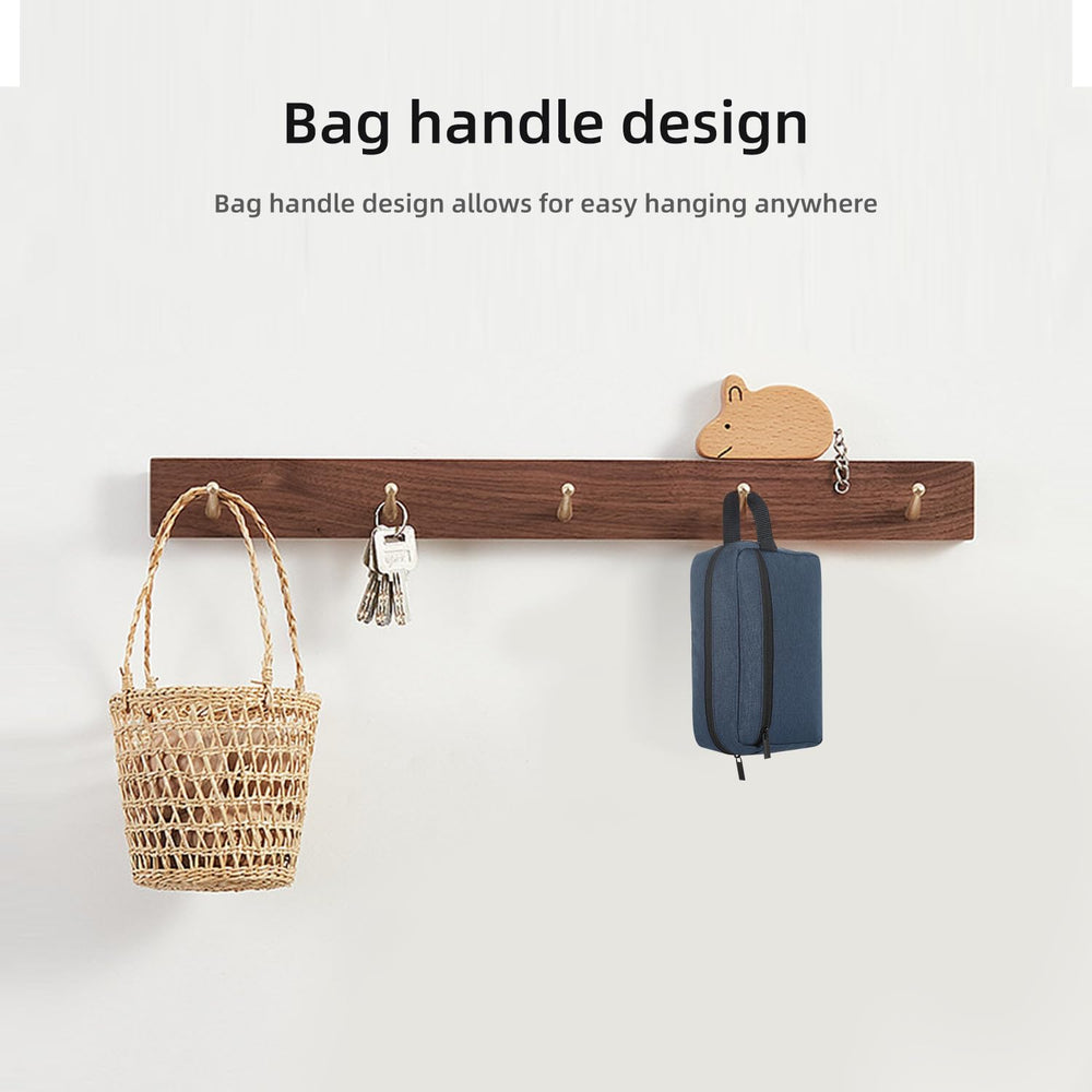 Icramsy travel toiletry bag navy side pocket for small items.