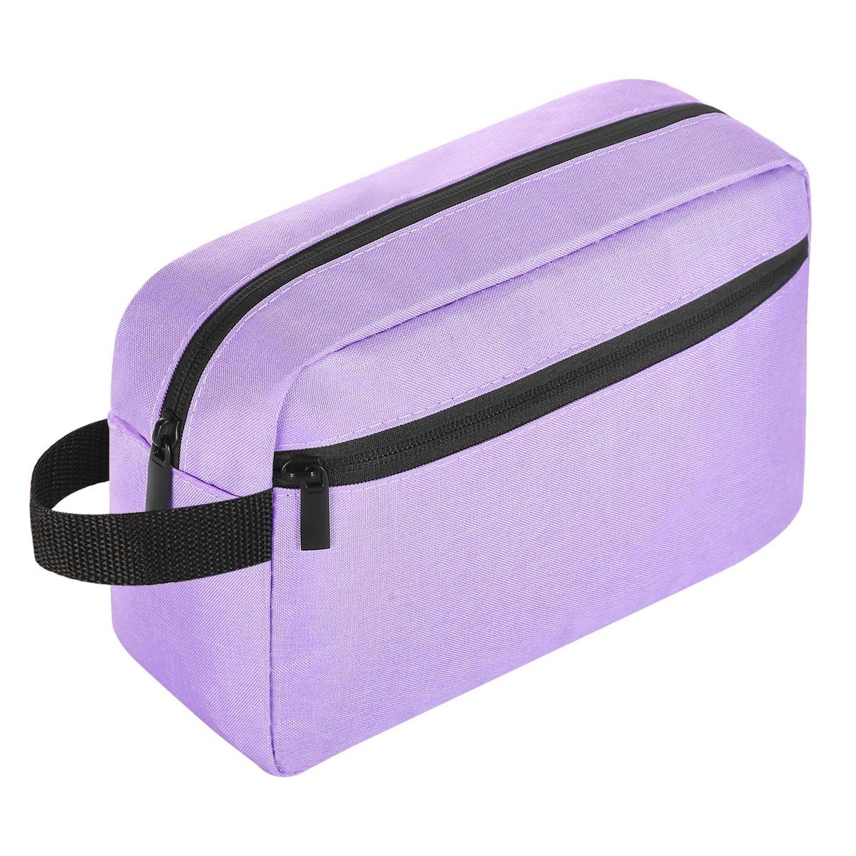 Icramsy travel toiletry bag in purple, front view, neatly organized on the go