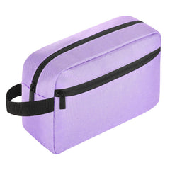 Icramsy travel toiletry bag in purple, front view, neatly organized on the go
