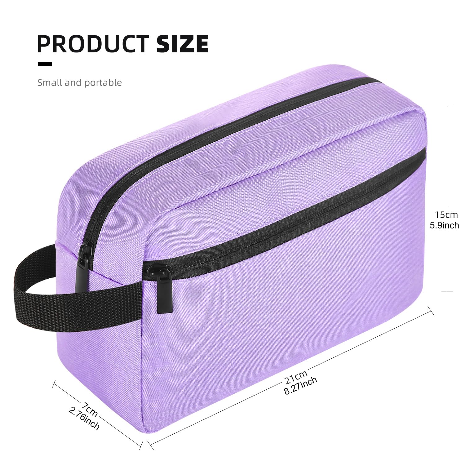 Icramsy travel toiletry bag in purple, side view, compact yet spacious for daily trips