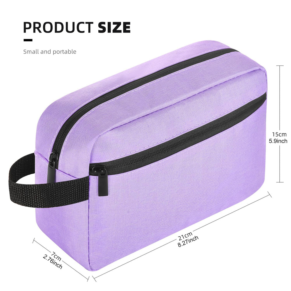 Icramsy travel toiletry bag in purple, side view, compact yet spacious for daily trips