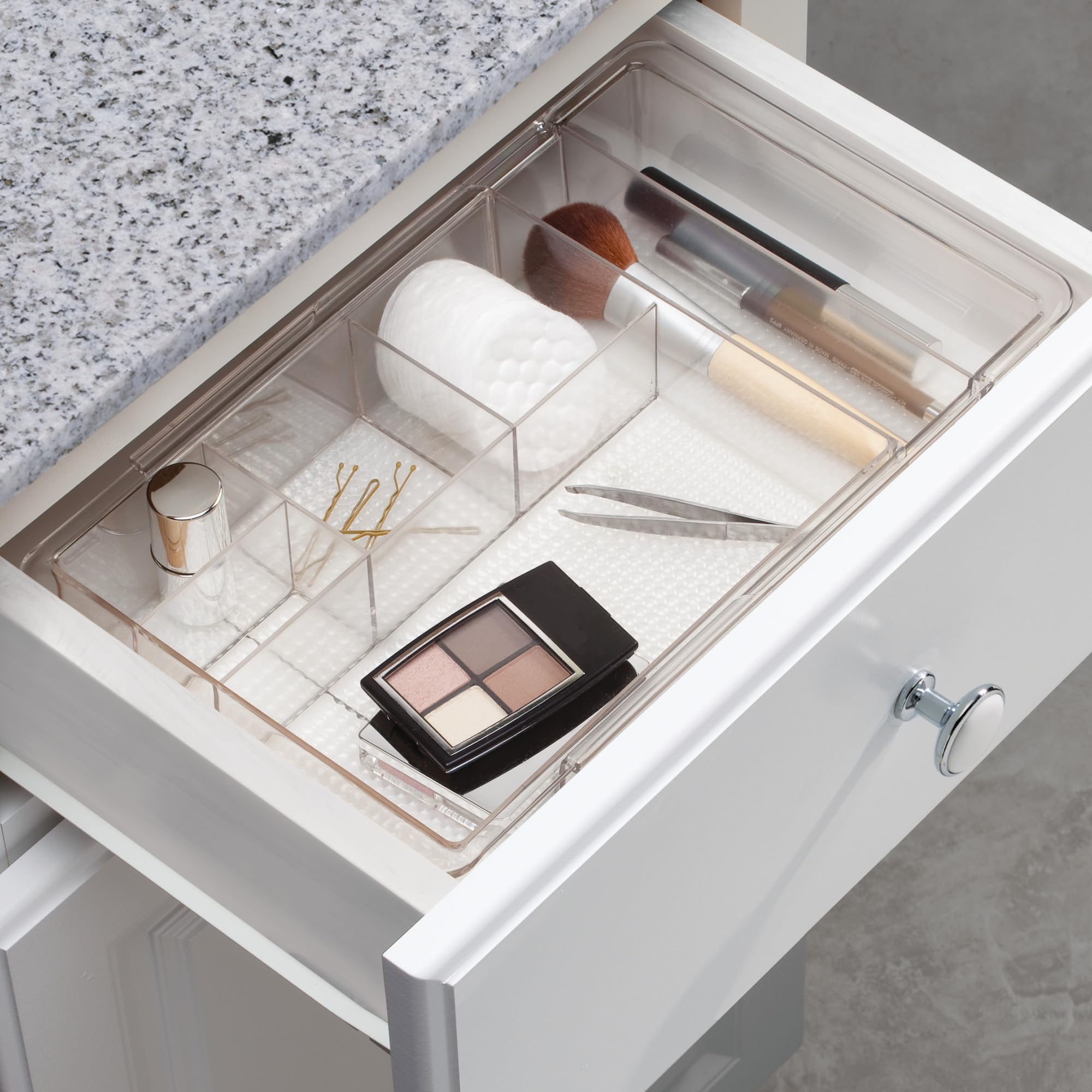 iDesign Clarity multiple compartments support organized makeup, tools, and meds.