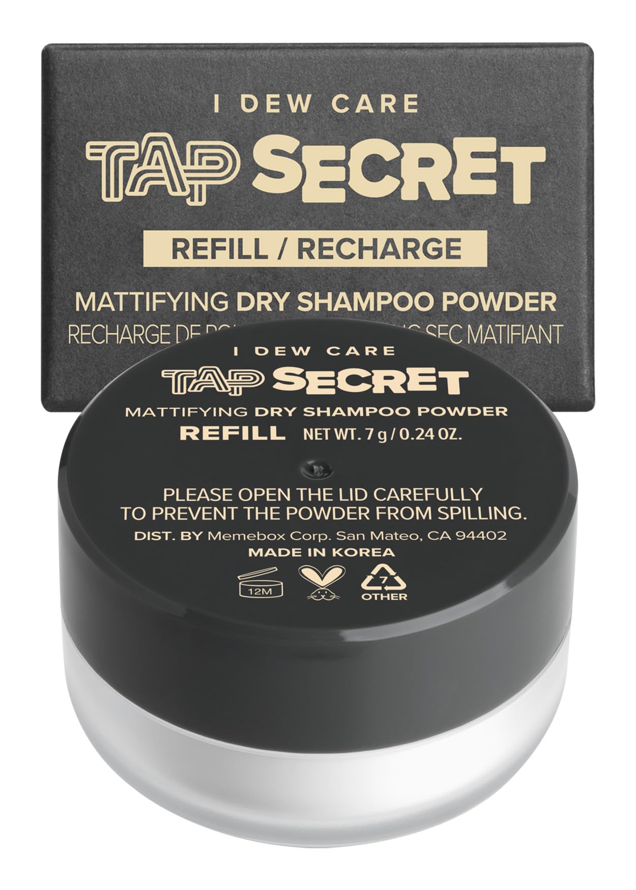 I DEW CARE Tap Secret dry shampoo powder tub for instant refresh on oily hair.