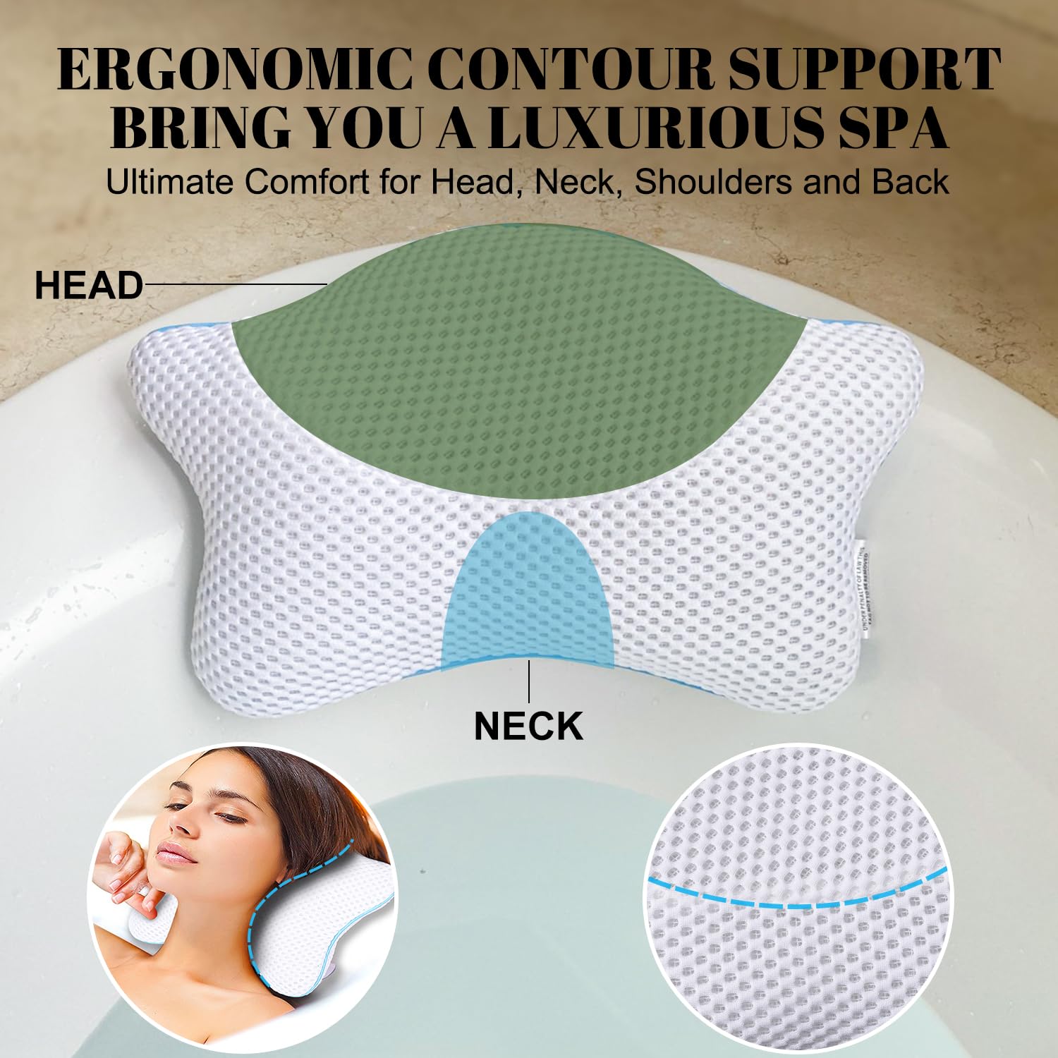 Idle Hippo Non Slip Bath Pillow suction cups closeup highlighting strong grip on tub surface.