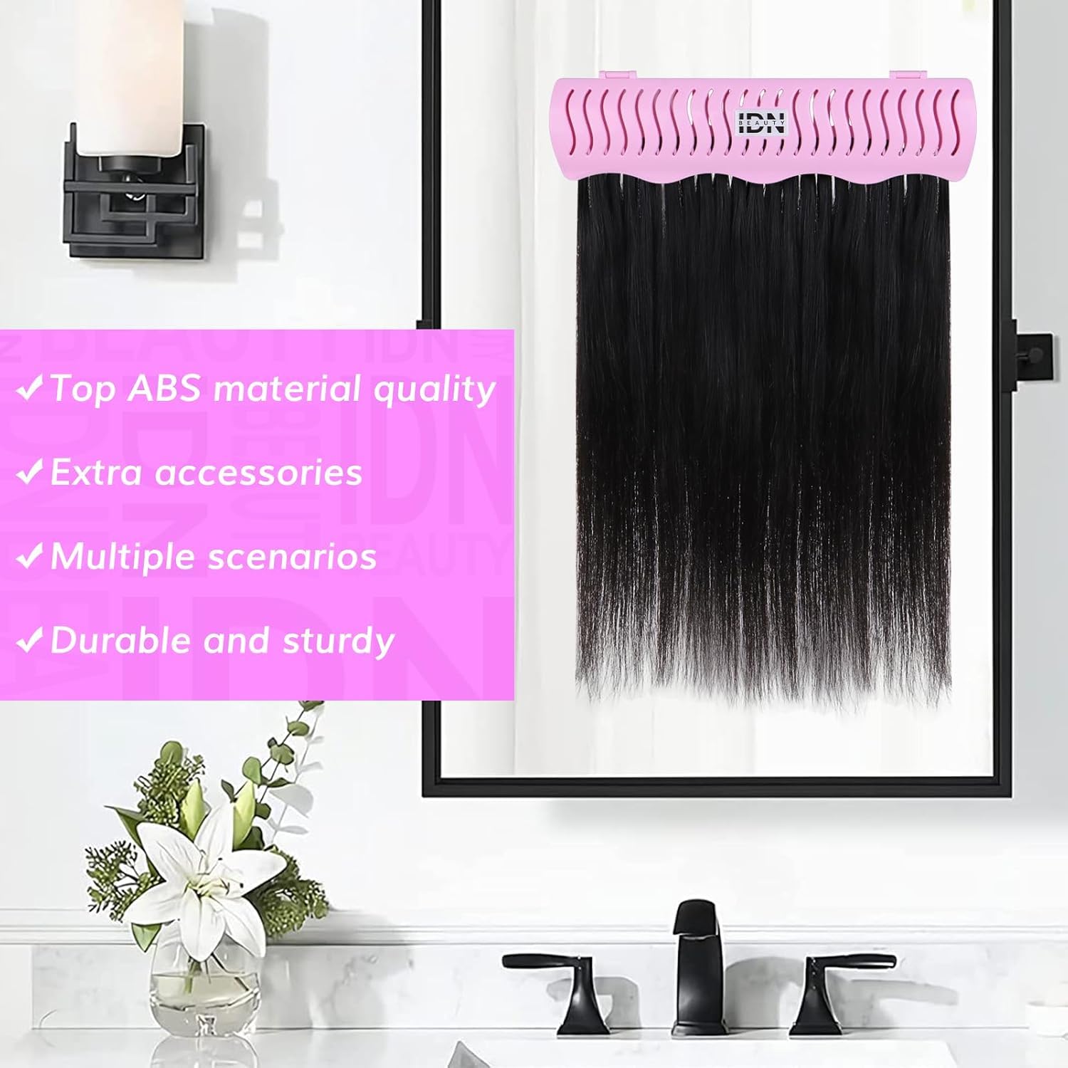 IDN Beauty Hair Extension Holder Stand in rose, suitable for bathrooms and salons.