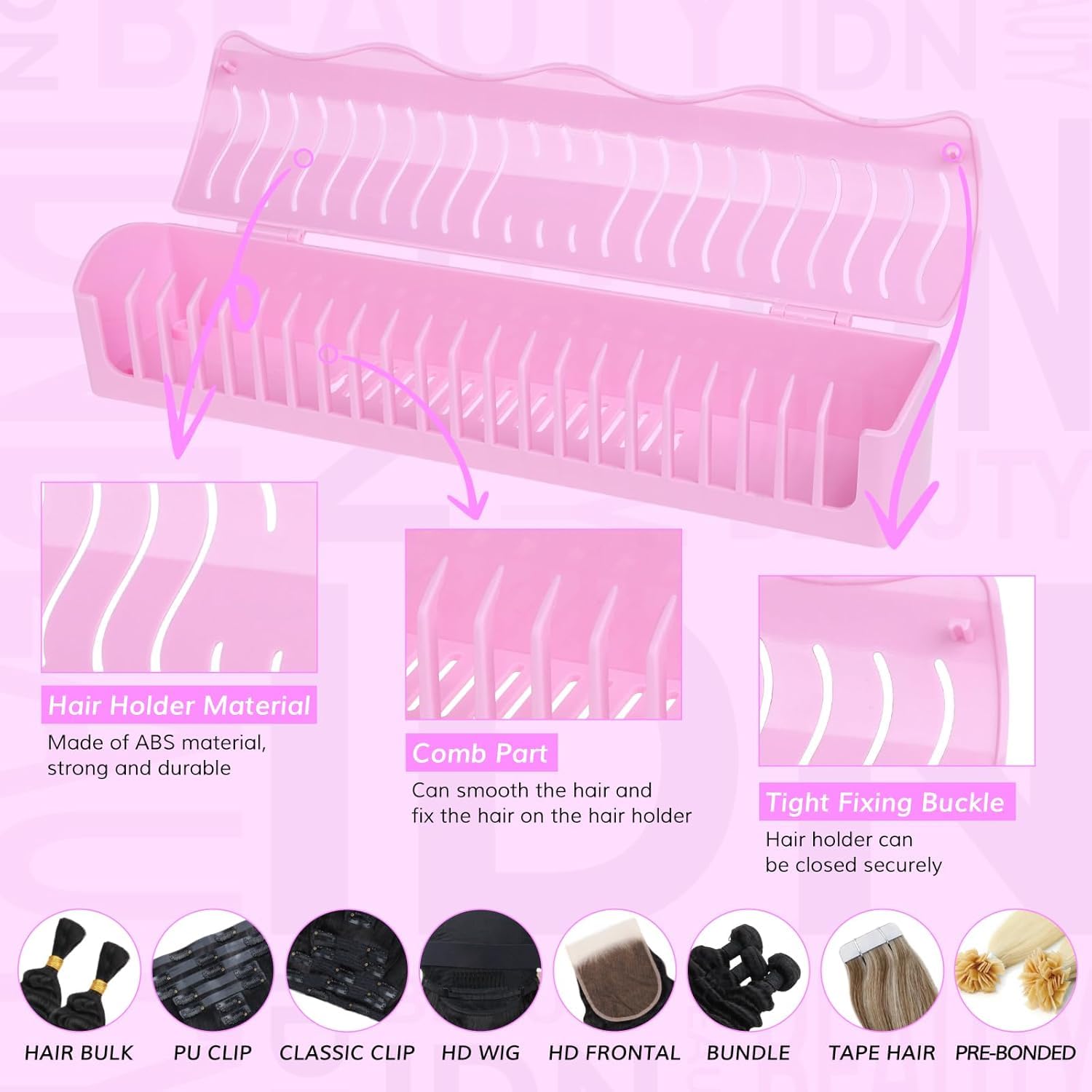 IDN Beauty Hair Extension Holder Stand in rose, installation tools included for quick setup.