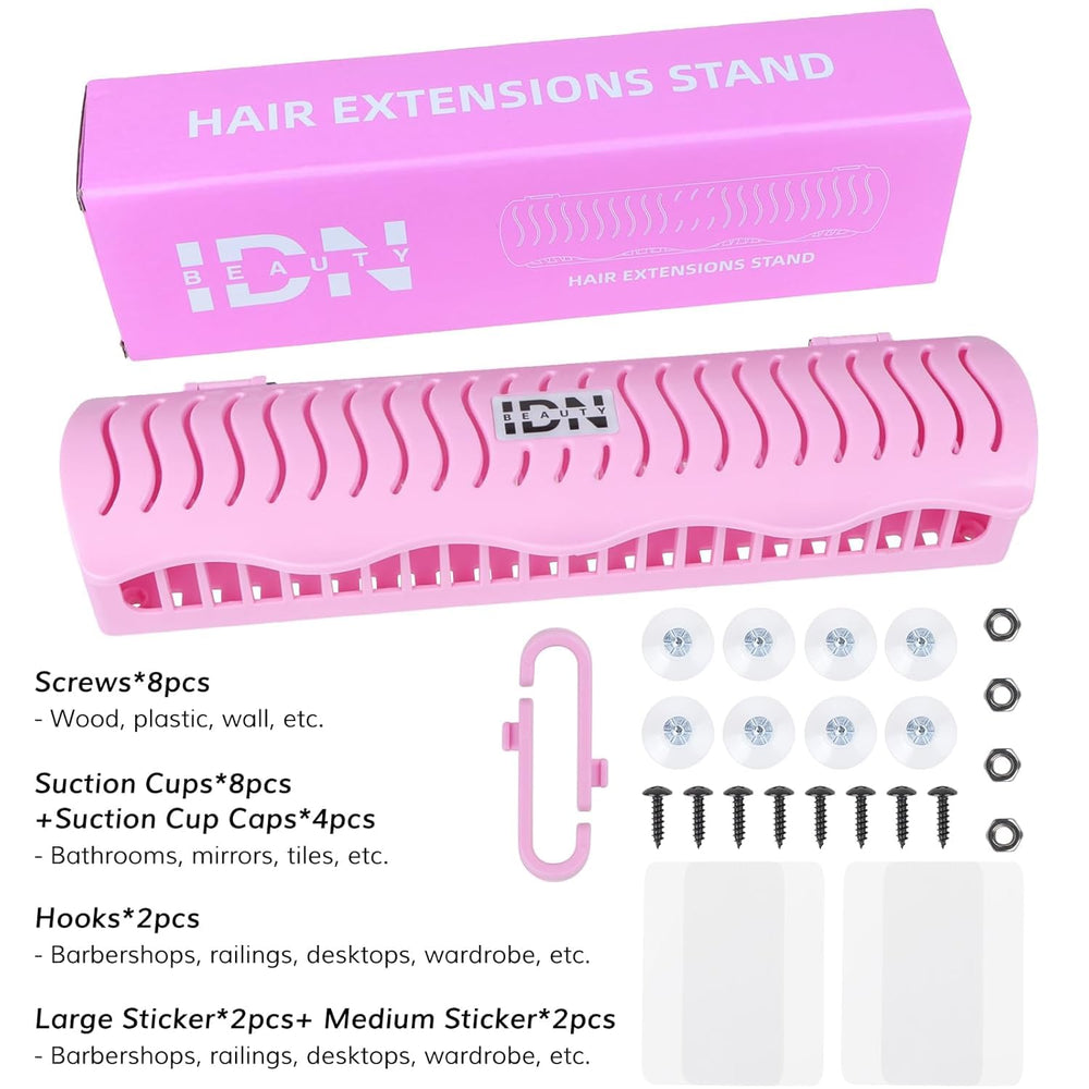 IDN Beauty Hair Extension Holder Stand in rose, strong suction cup for secure placement.