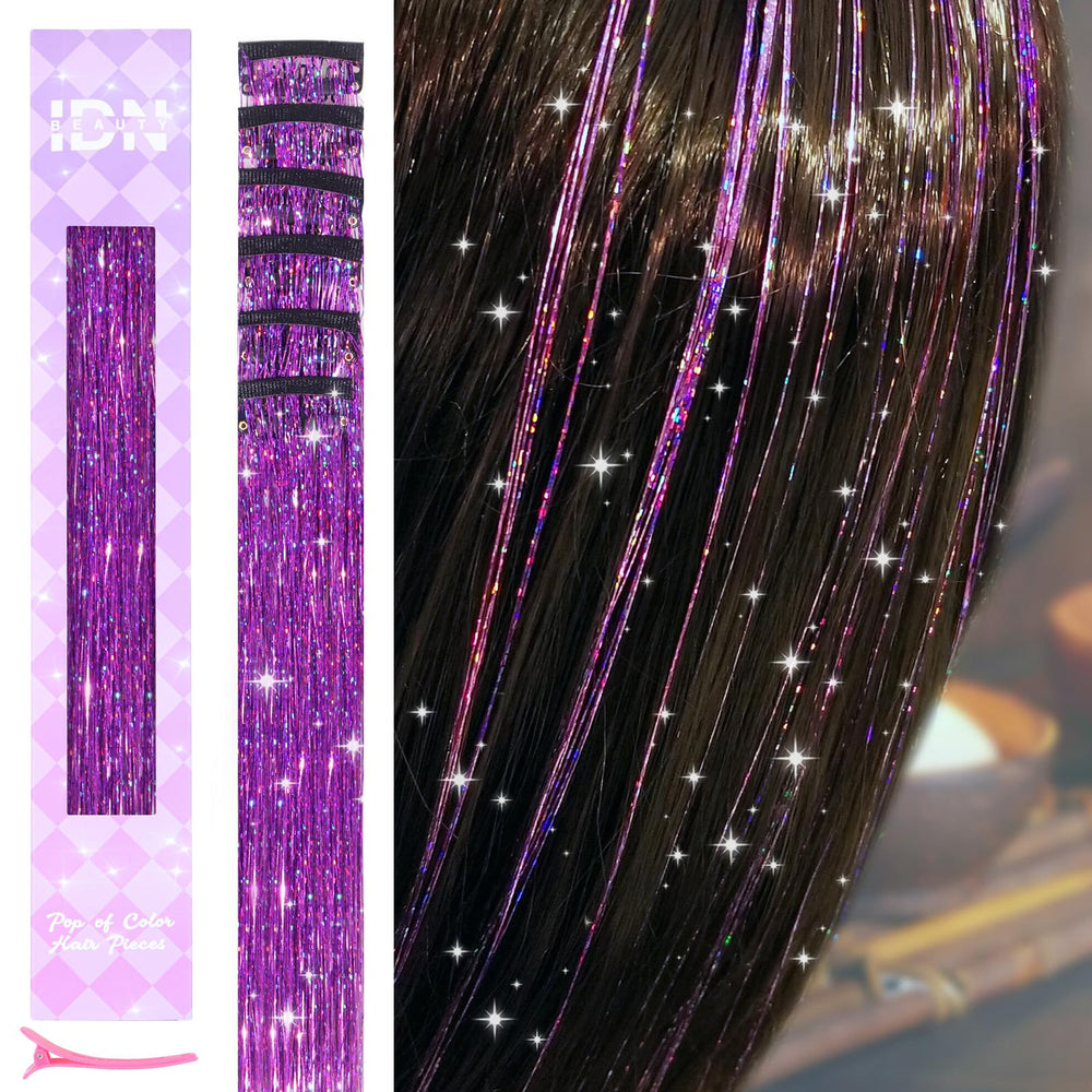 IDN Beauty hair tinsel clip-in with purple sparkle for a vibrant party look.