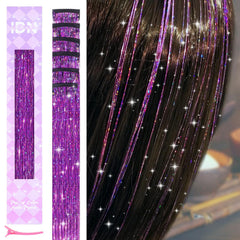 IDN Beauty hair tinsel clip-in with purple sparkle for a vibrant party look.