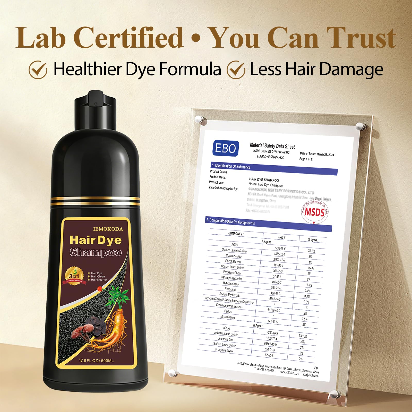 iemokoda Instant Black Hair Dye Shampoo color swatch showing natural shade.