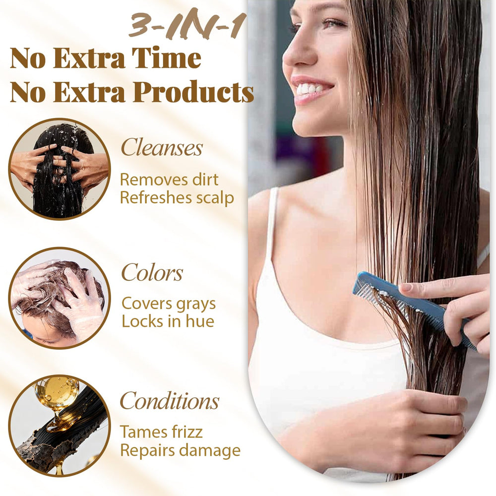 iemokoda Instant Black Hair Dye Shampoo applied to dry hair for even color.