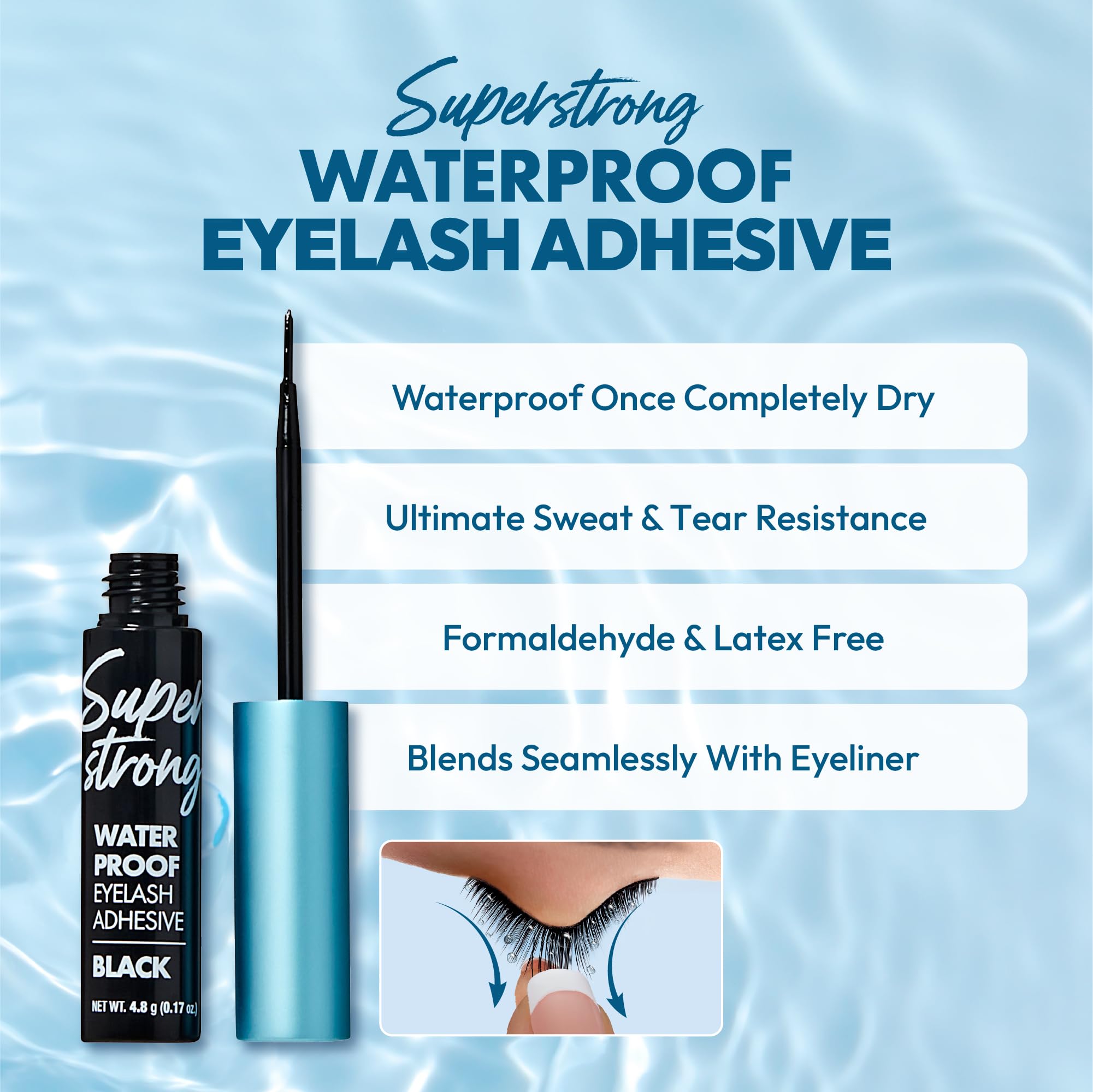 iENVY sweat-proof eyelash adhesive demonstrates durable formula for active days.