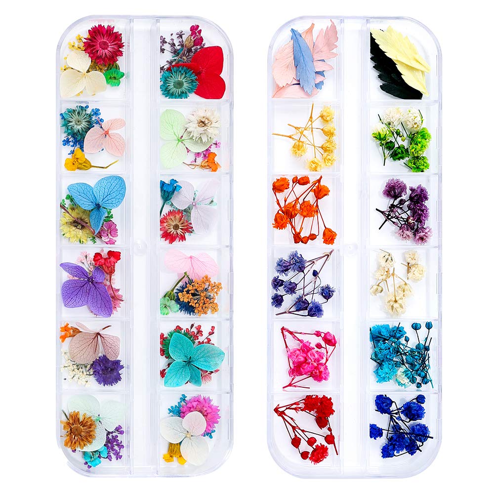 iFancer flores secas para uñas, primer plano de set de 108 piezas para arte en resina.