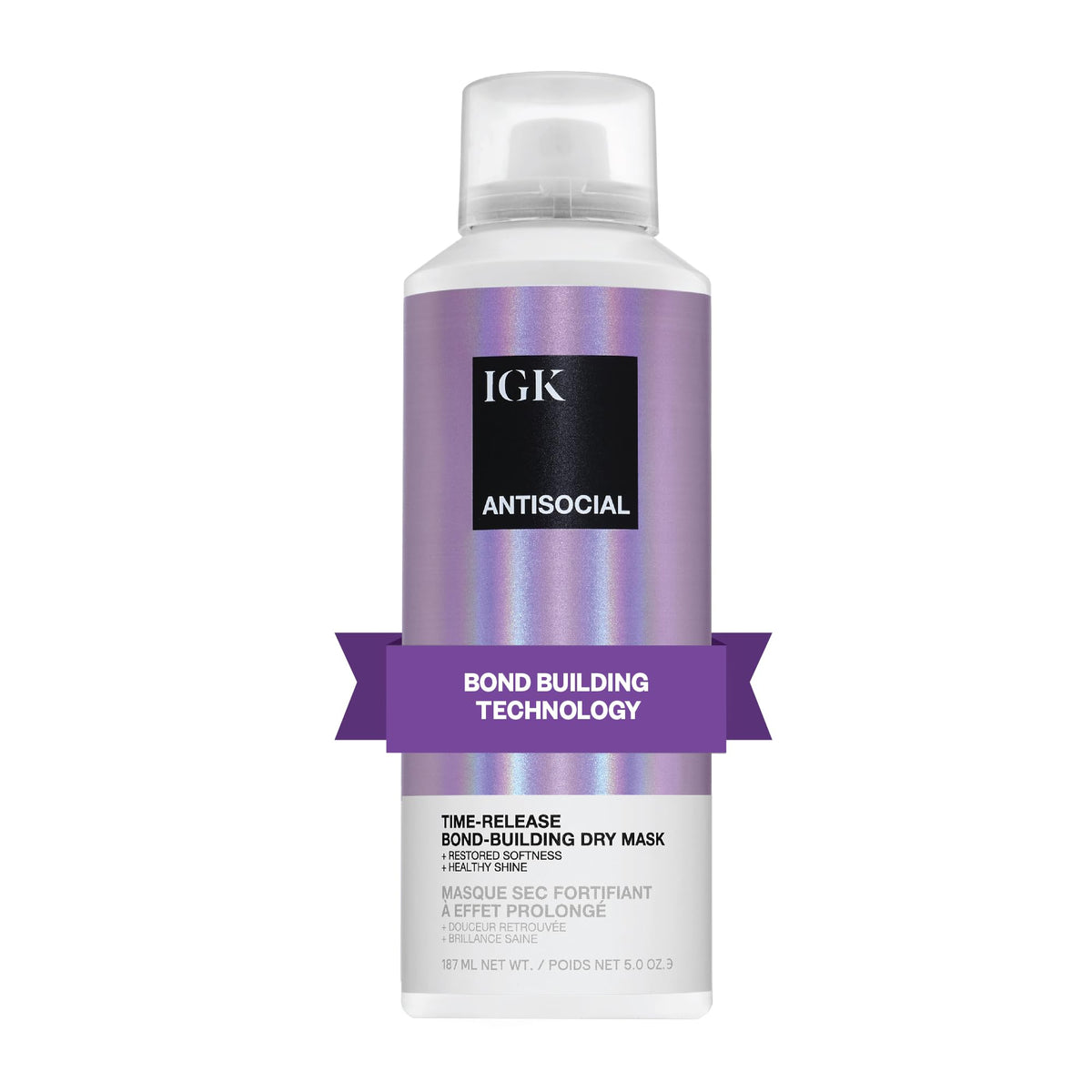 IGK Antisocial bottle closeup showing bond-building treatment for damaged hair.