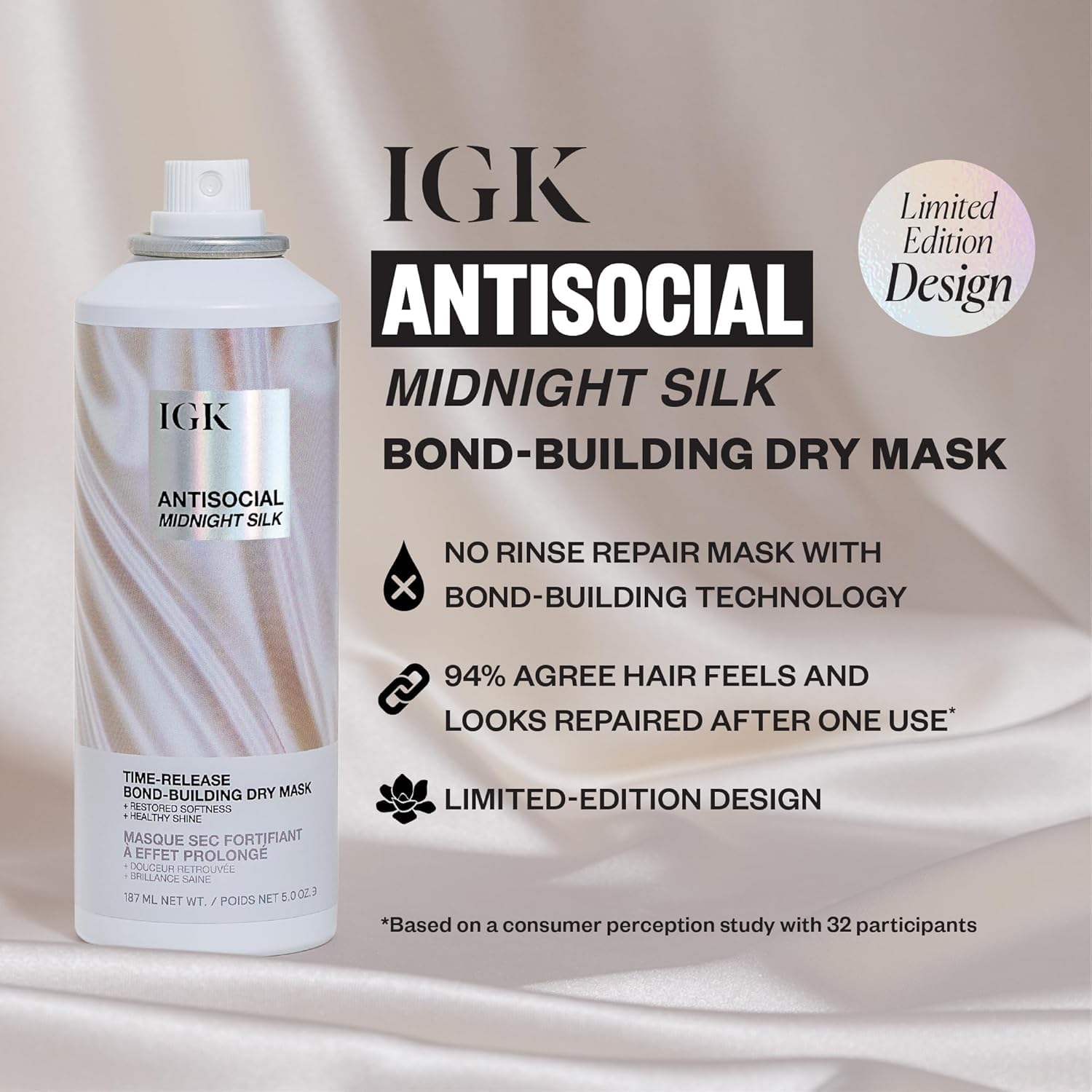 IGK Antisocial Midnight Silk bottle label close-up highlighting bond-building technology