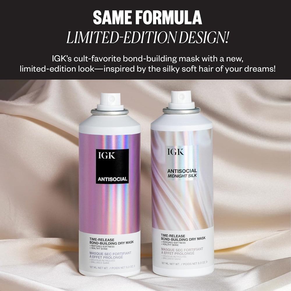 IGK Antisocial Midnight Silk spray application demonstrates easy no-rinse use on dry hair