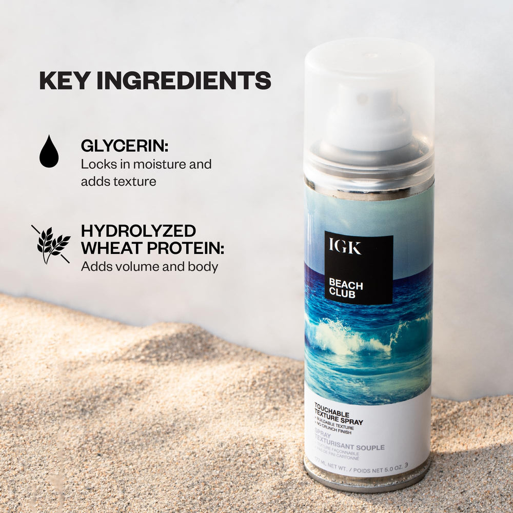 IGK Beach Club Texture Spray applied to damp hair for texture