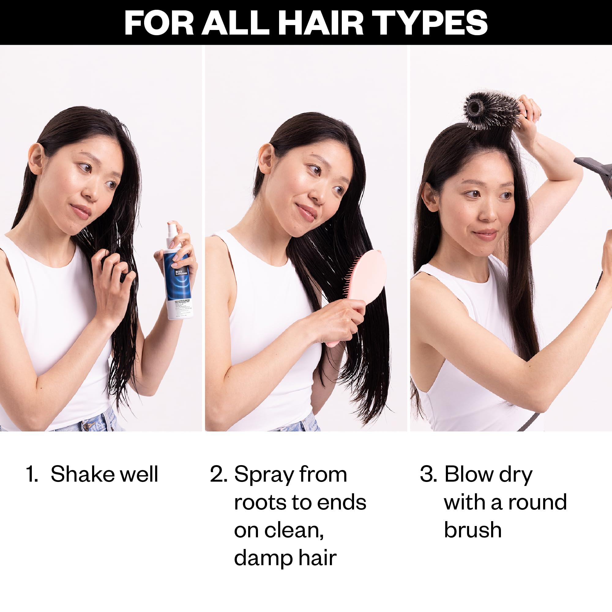 IGK Body Language Rice Water Mist pea peptides create thicker-looking strands.