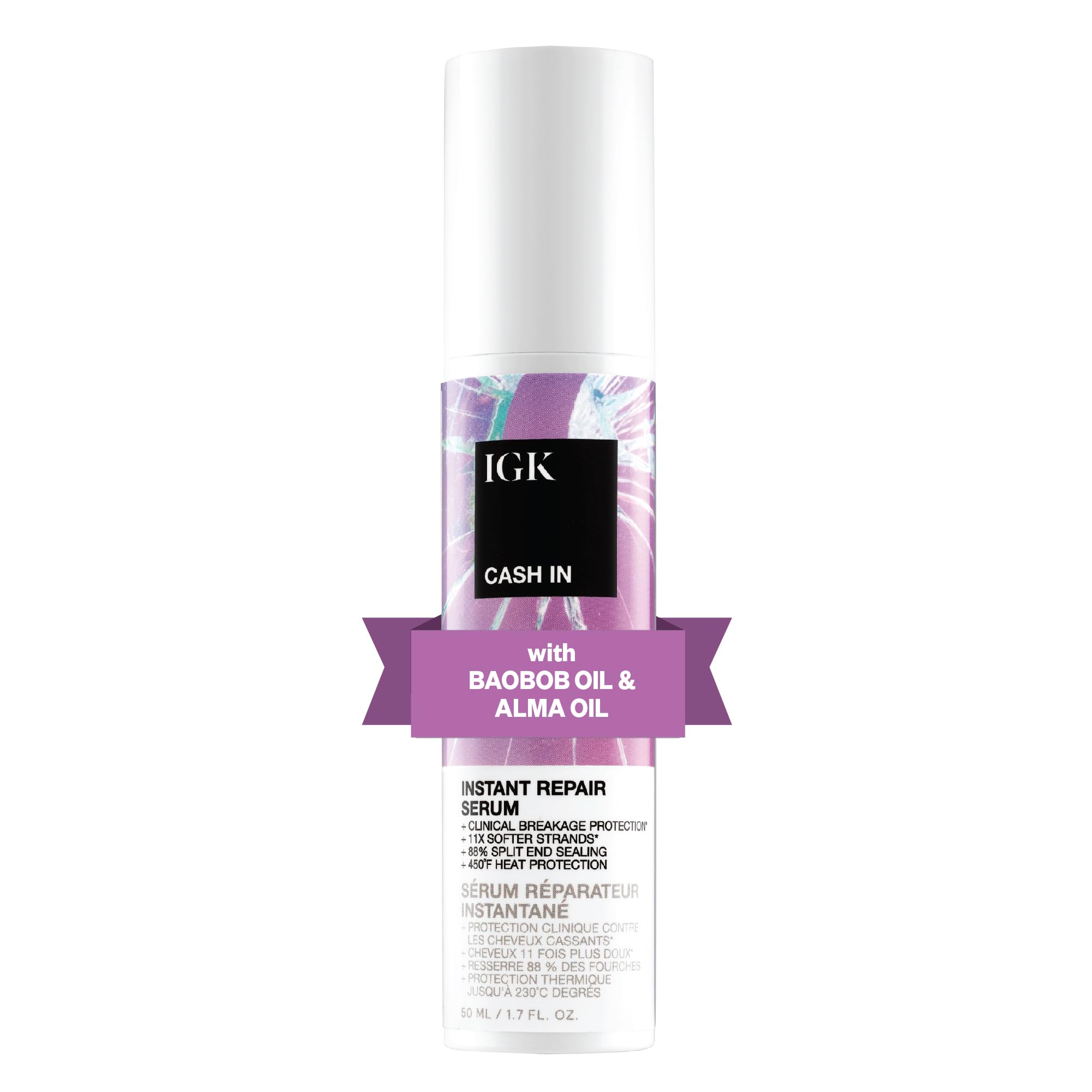 IGK Cash In Instant Repair Serum bottle highlighting silicone-free formula for stronger hair.