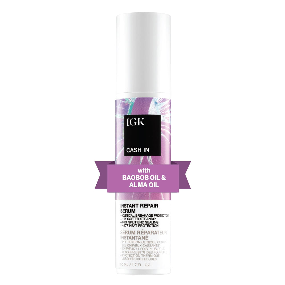 IGK Cash In Instant Repair Serum bottle highlighting silicone-free formula for stronger hair.