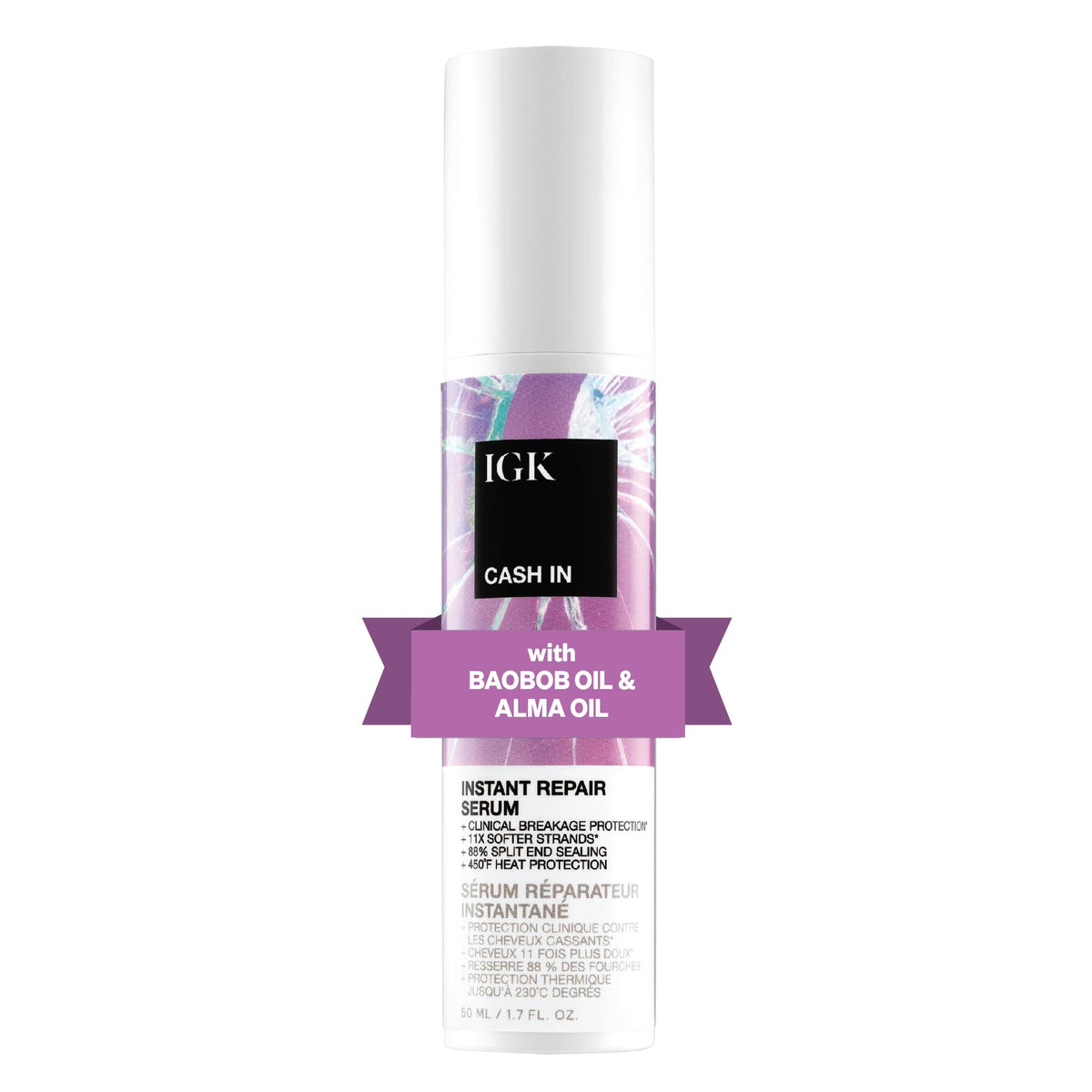 IGK Cash In Instant Repair Serum bottle highlighting silicone-free formula for stronger hair.